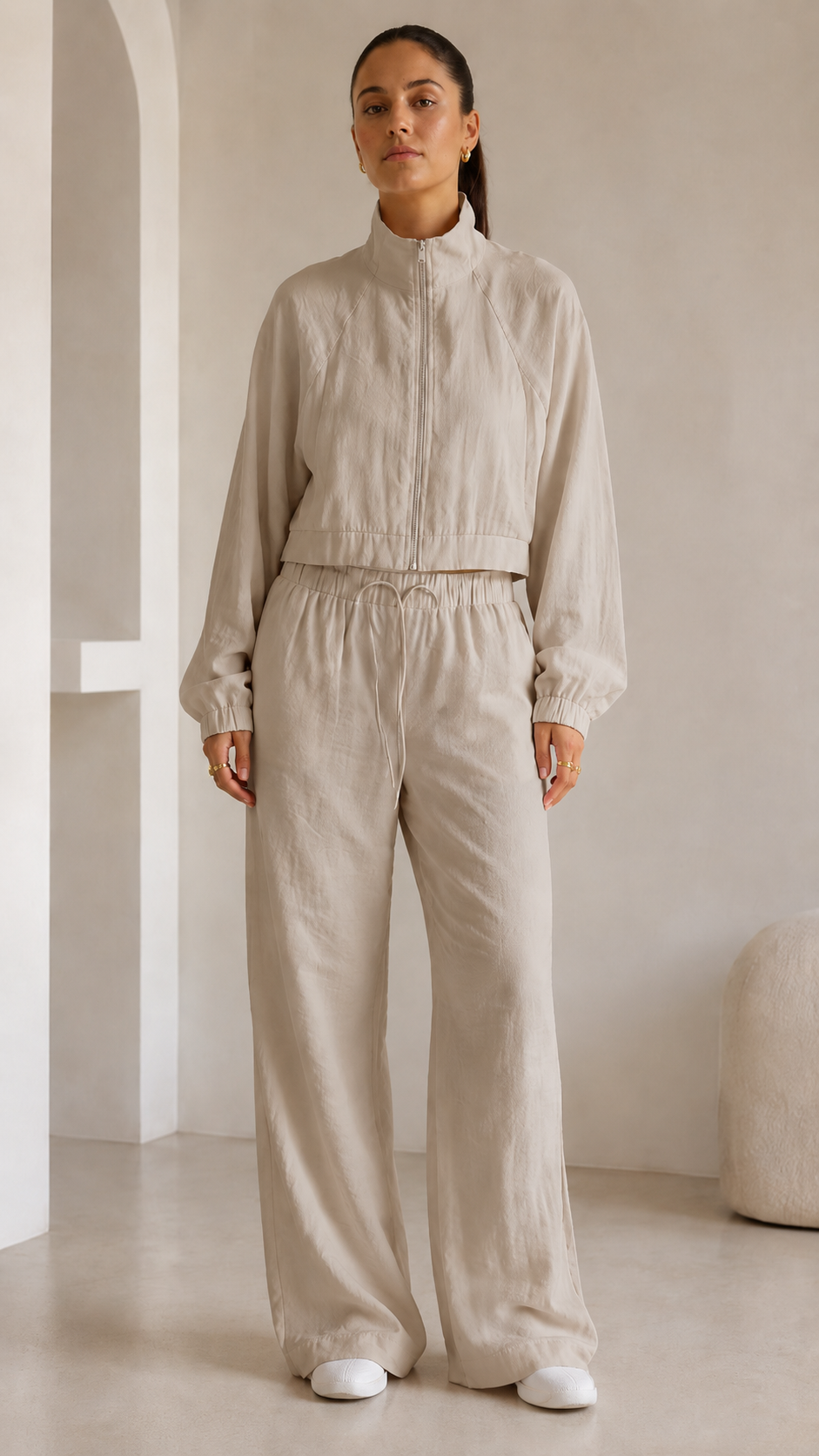 Soft Pink Cropped Jacket & Wide-Leg Pants Set