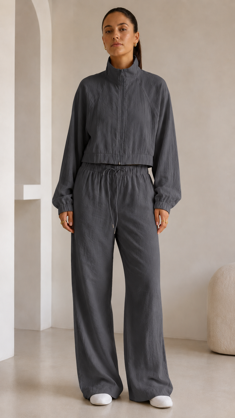 Soft Pink Cropped Jacket & Wide-Leg Pants Set