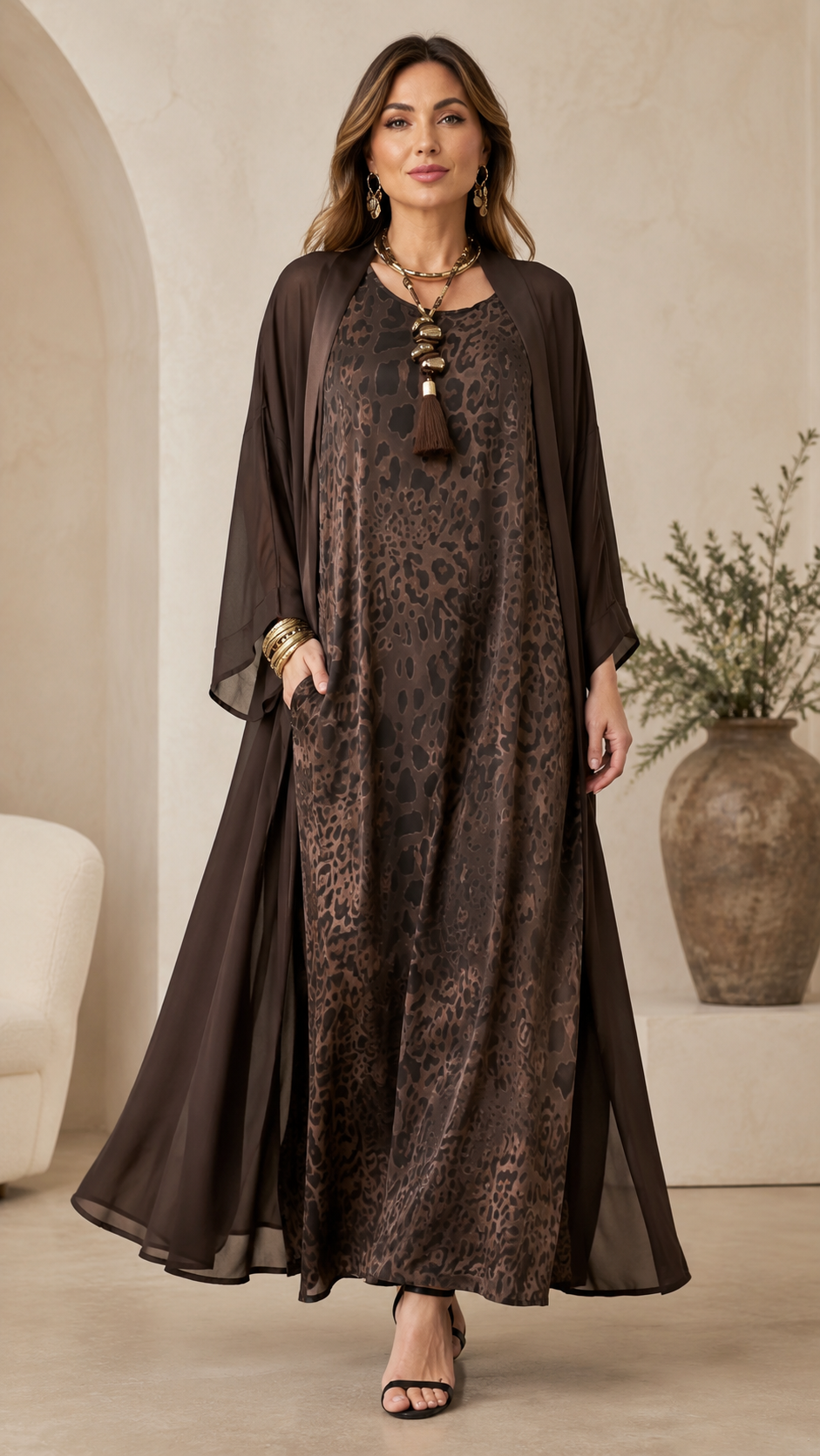 Leopard Print Maxi Dress with Sheer Duster Set