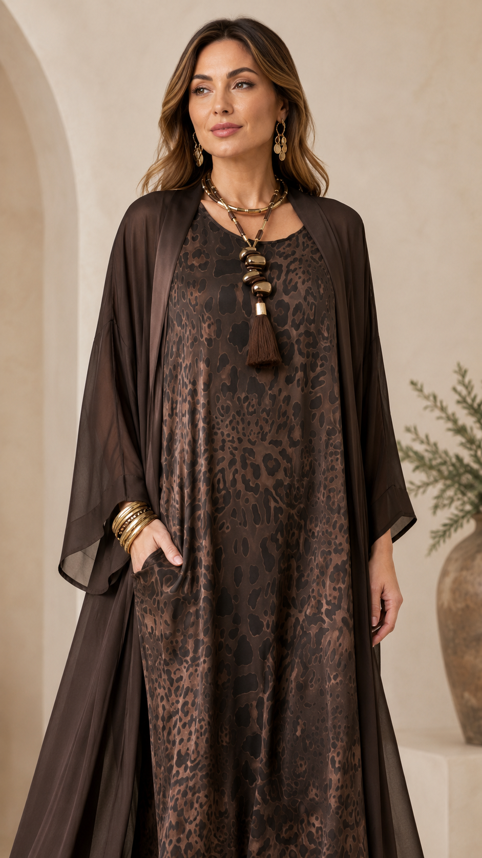 Leopard Print Maxi Dress with Sheer Duster Set