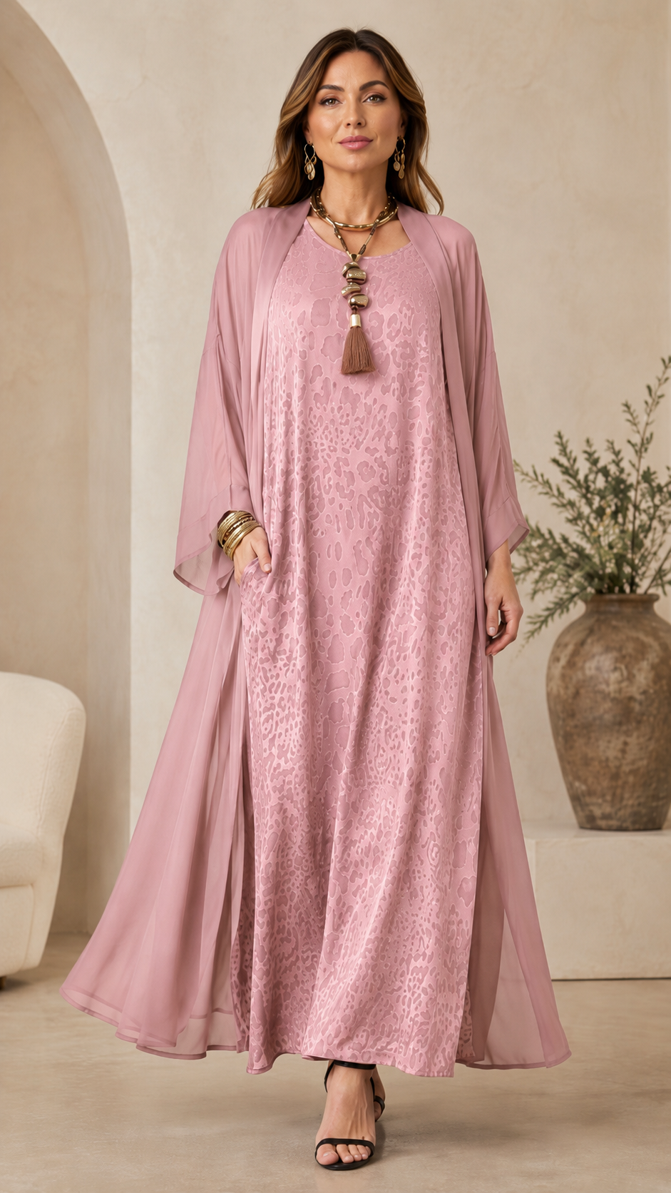 Leopard Print Maxi Dress with Sheer Duster Set
