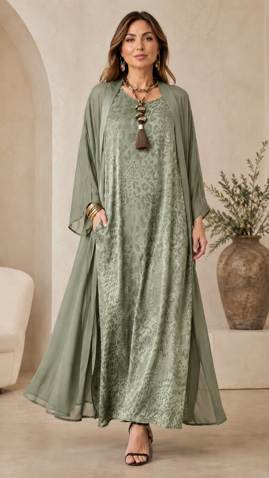 Leopard Print Maxi Dress with Sheer Duster Set