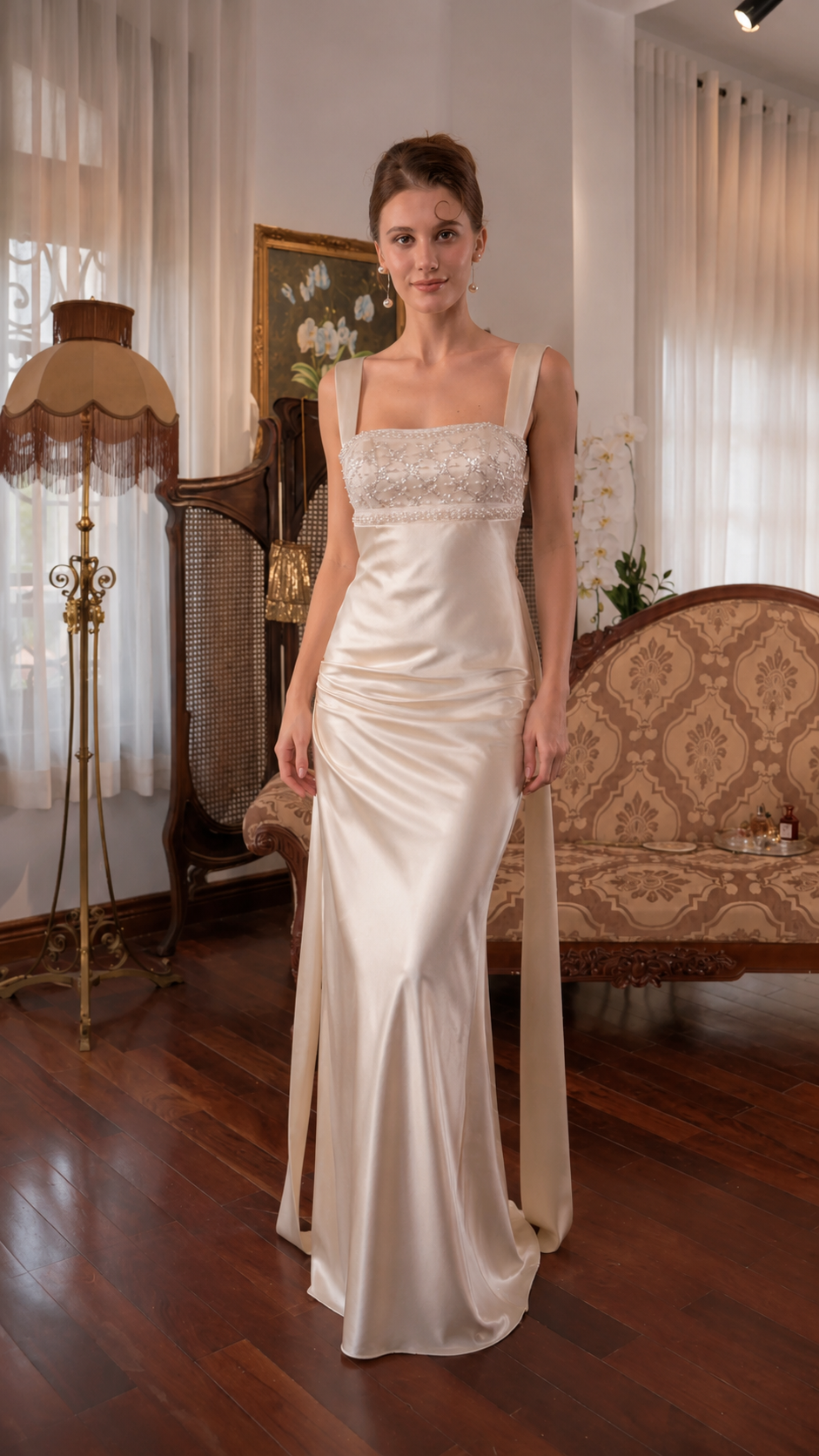 Ivory Satin Beaded Open Back Maxi Dress