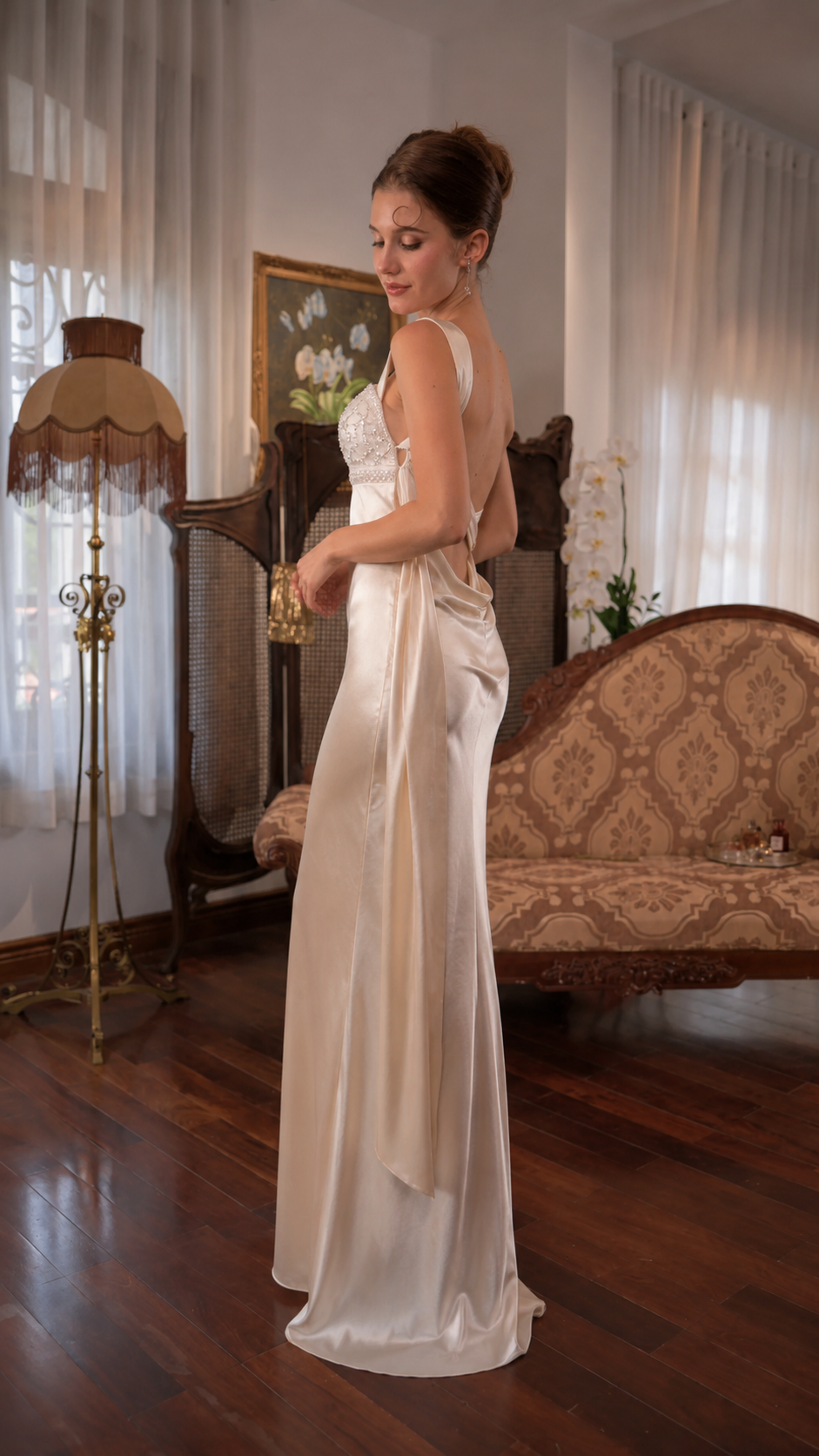 Ivory Satin Beaded Open Back Maxi Dress