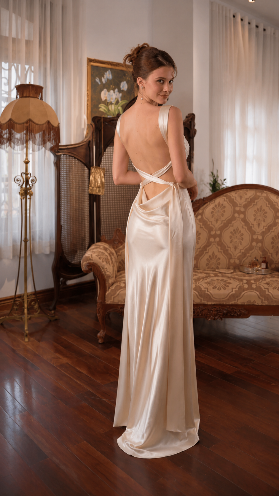 Ivory Satin Beaded Open Back Maxi Dress
