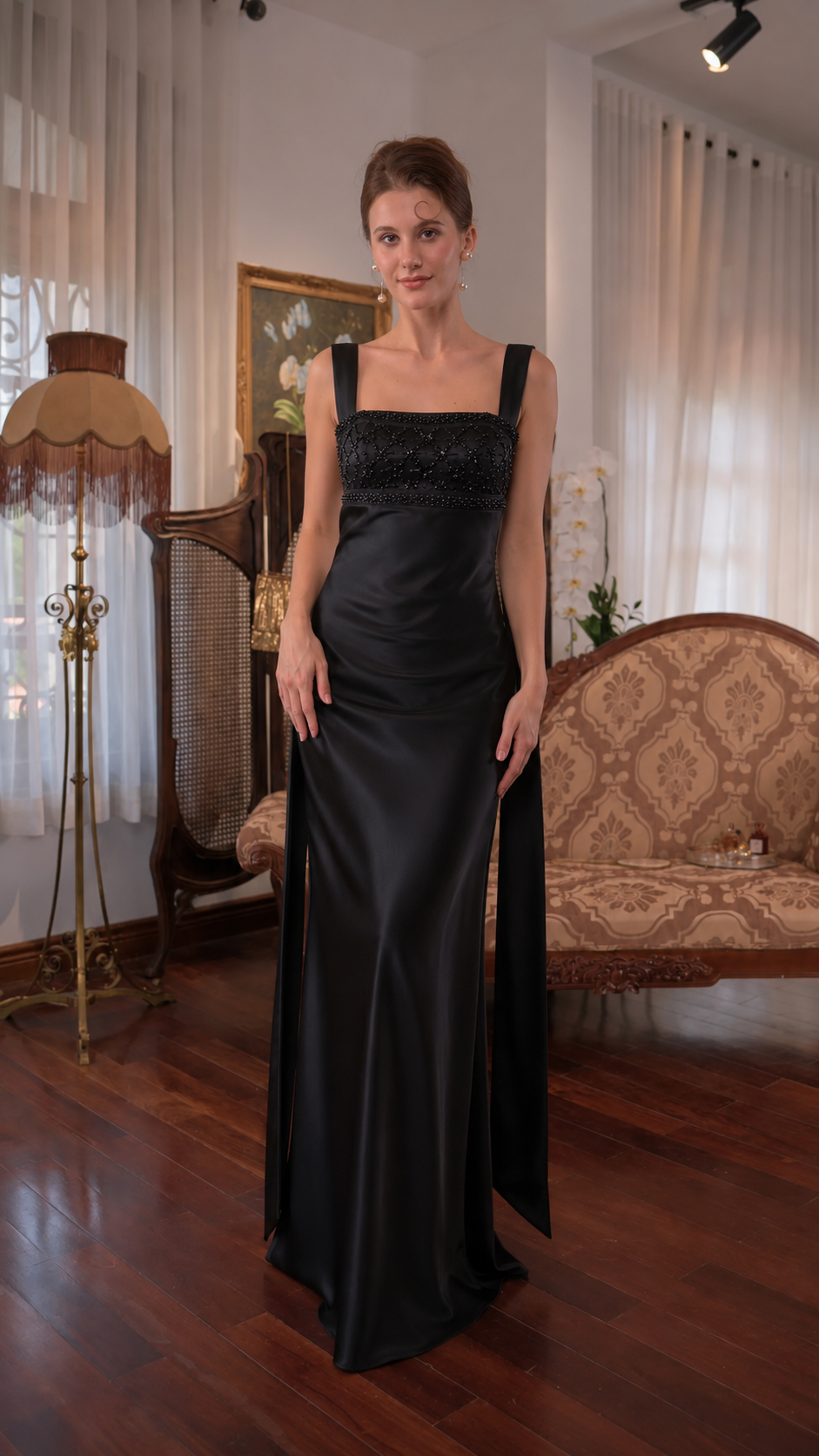Ivory Satin Beaded Open Back Maxi Dress