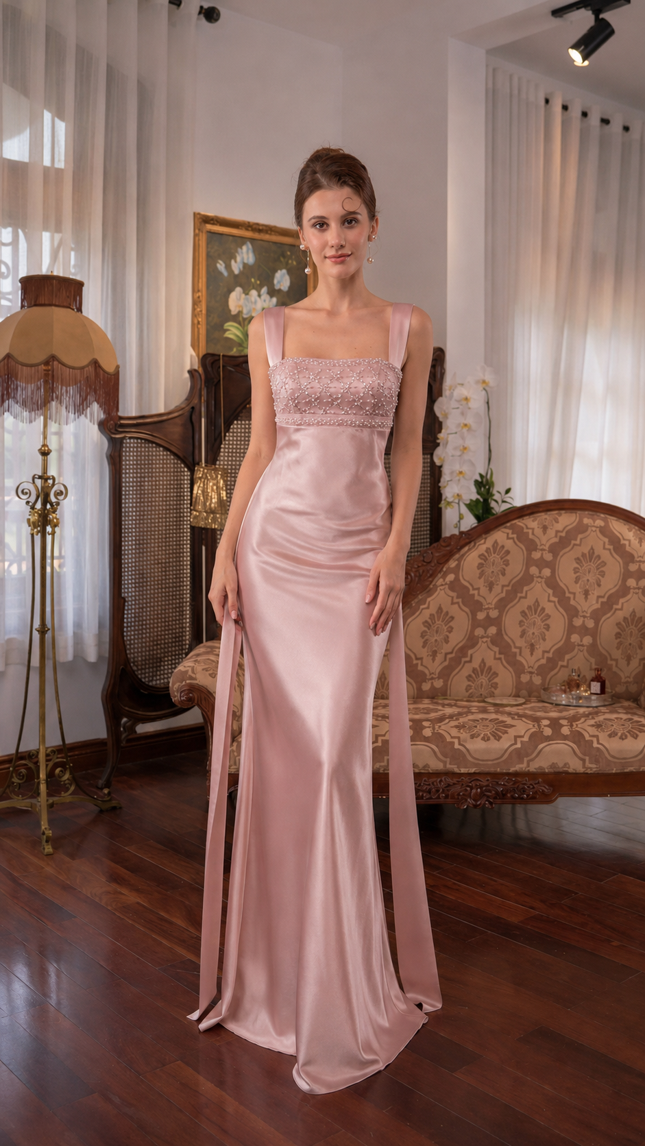 Ivory Satin Beaded Open Back Maxi Dress