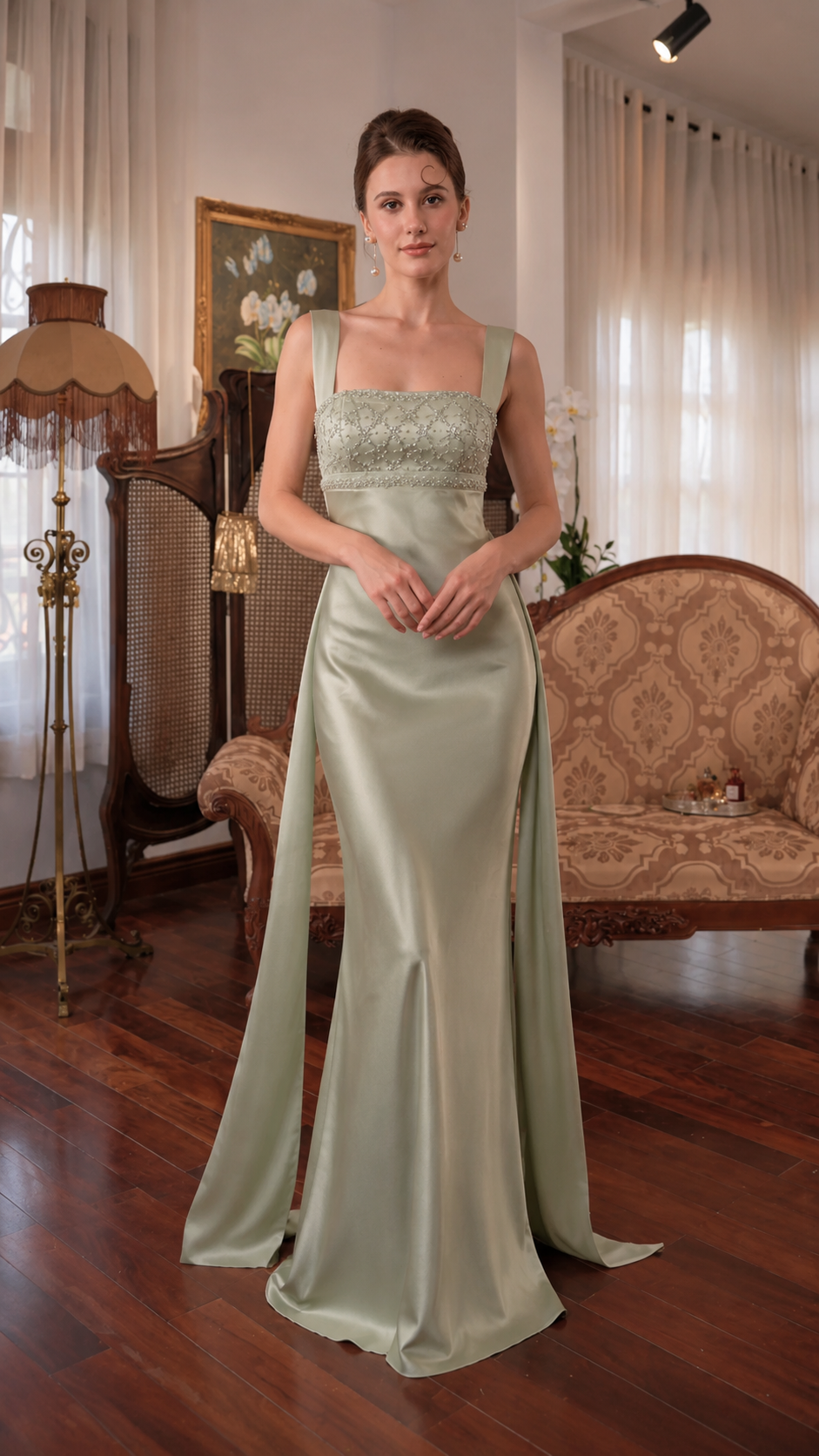 Ivory Satin Beaded Open Back Maxi Dress