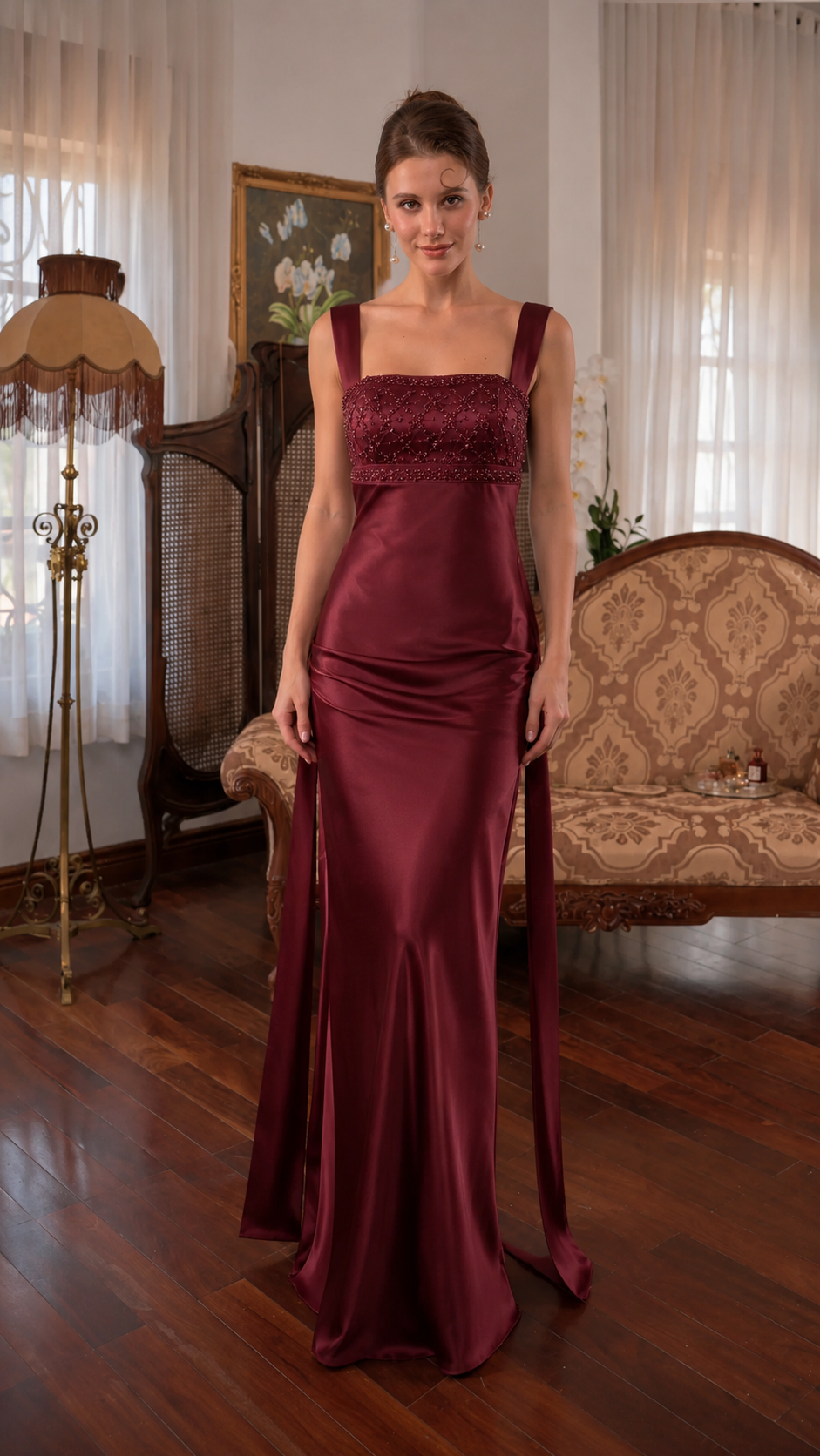 Ivory Satin Beaded Open Back Maxi Dress