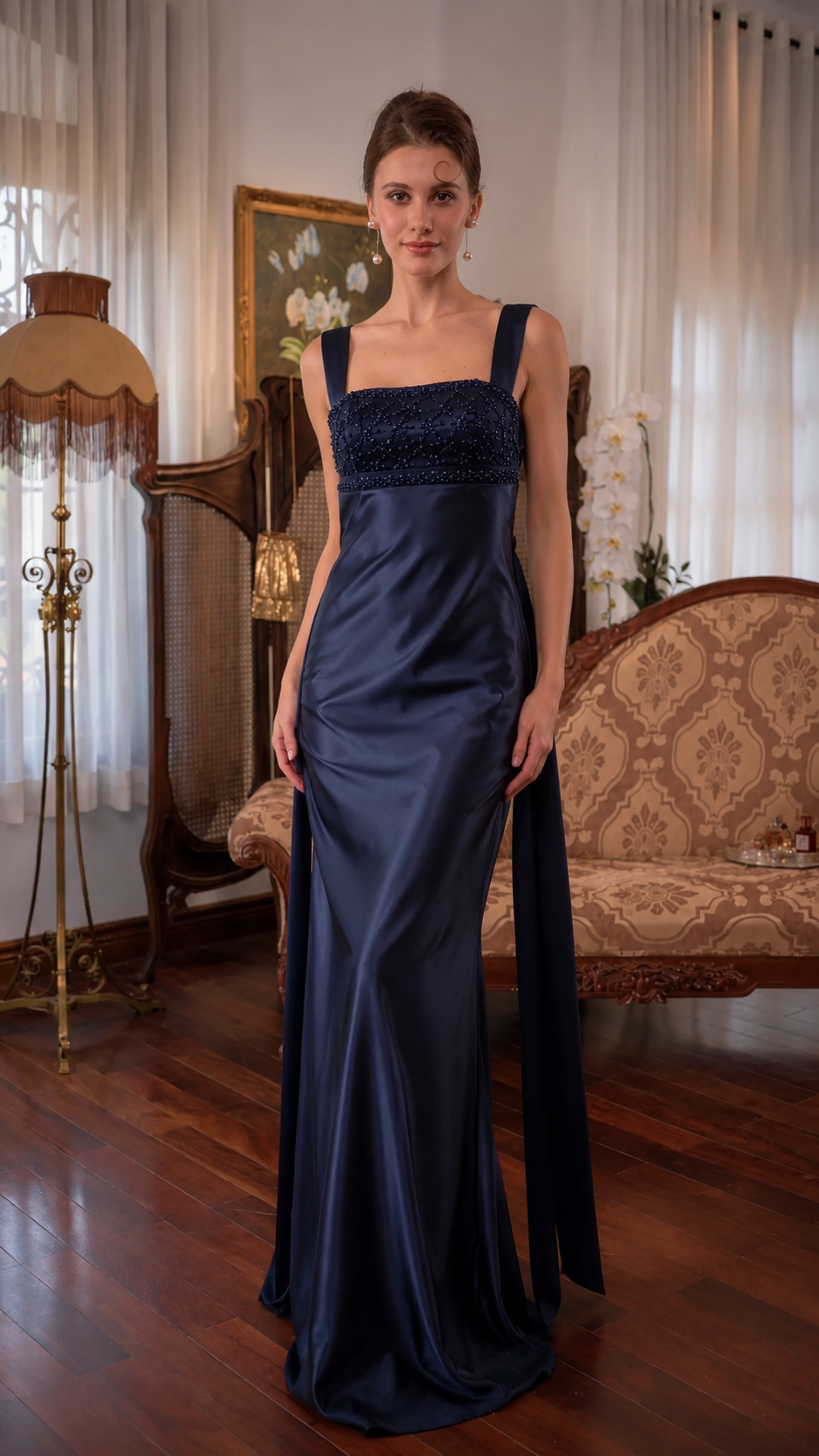 Ivory Satin Beaded Open Back Maxi Dress