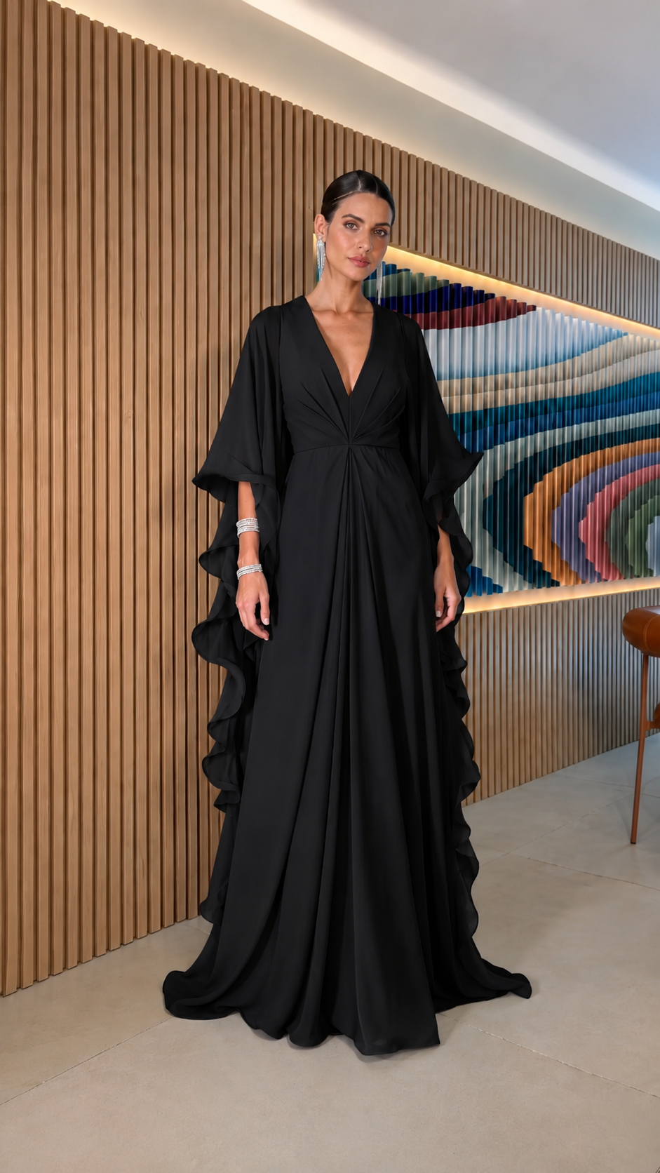 Ruffle Sleeve Pleated Maxi Dress