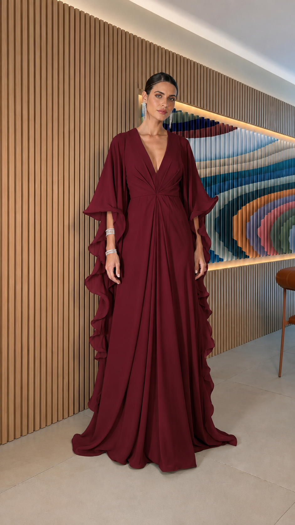 Ruffle Sleeve Pleated Maxi Dress