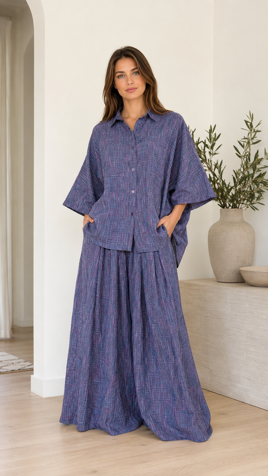Textured Linen-Blend Oversized Shirt & Wide Leg Pants Set