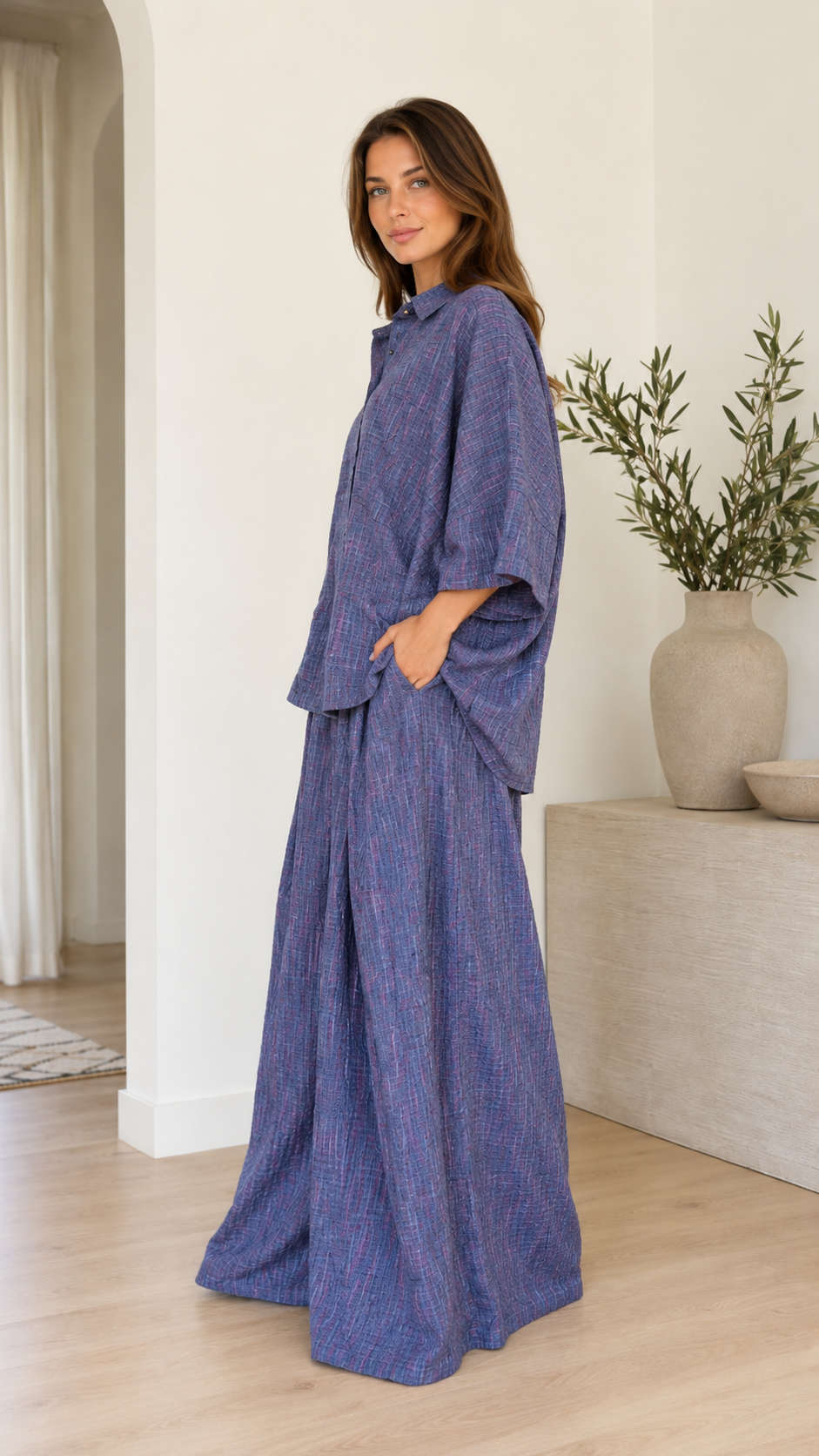 Textured Linen-Blend Oversized Shirt & Wide Leg Pants Set