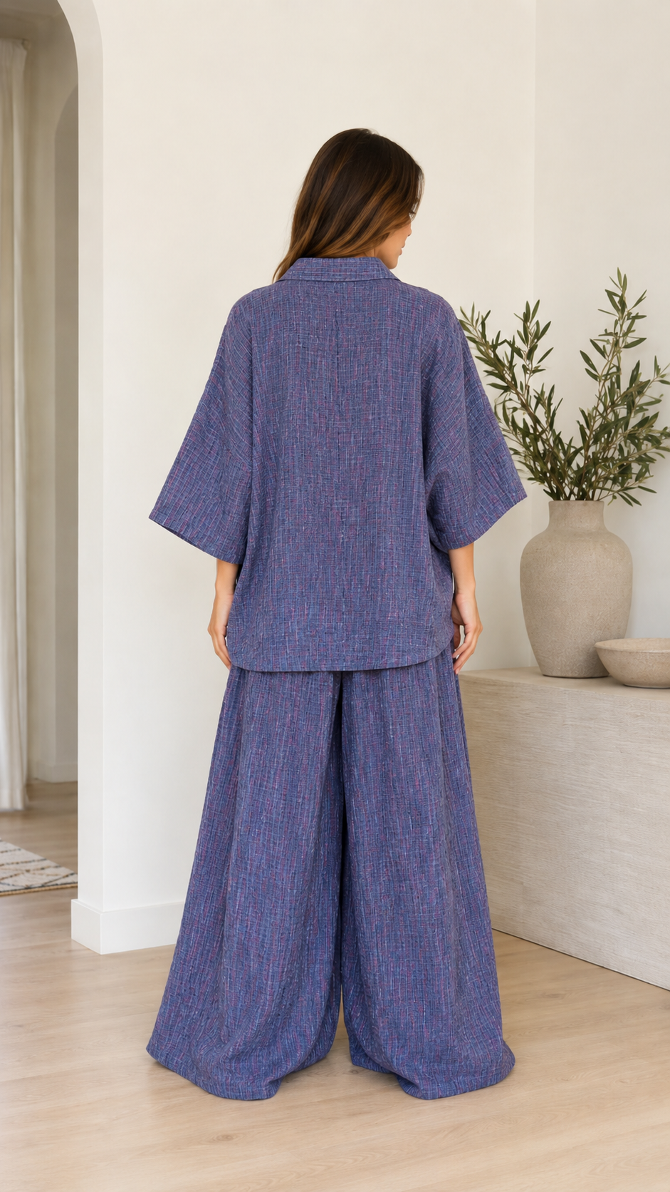Textured Linen-Blend Oversized Shirt & Wide Leg Pants Set