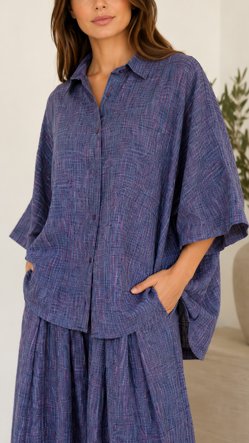 Textured Linen-Blend Oversized Shirt & Wide Leg Pants Set
