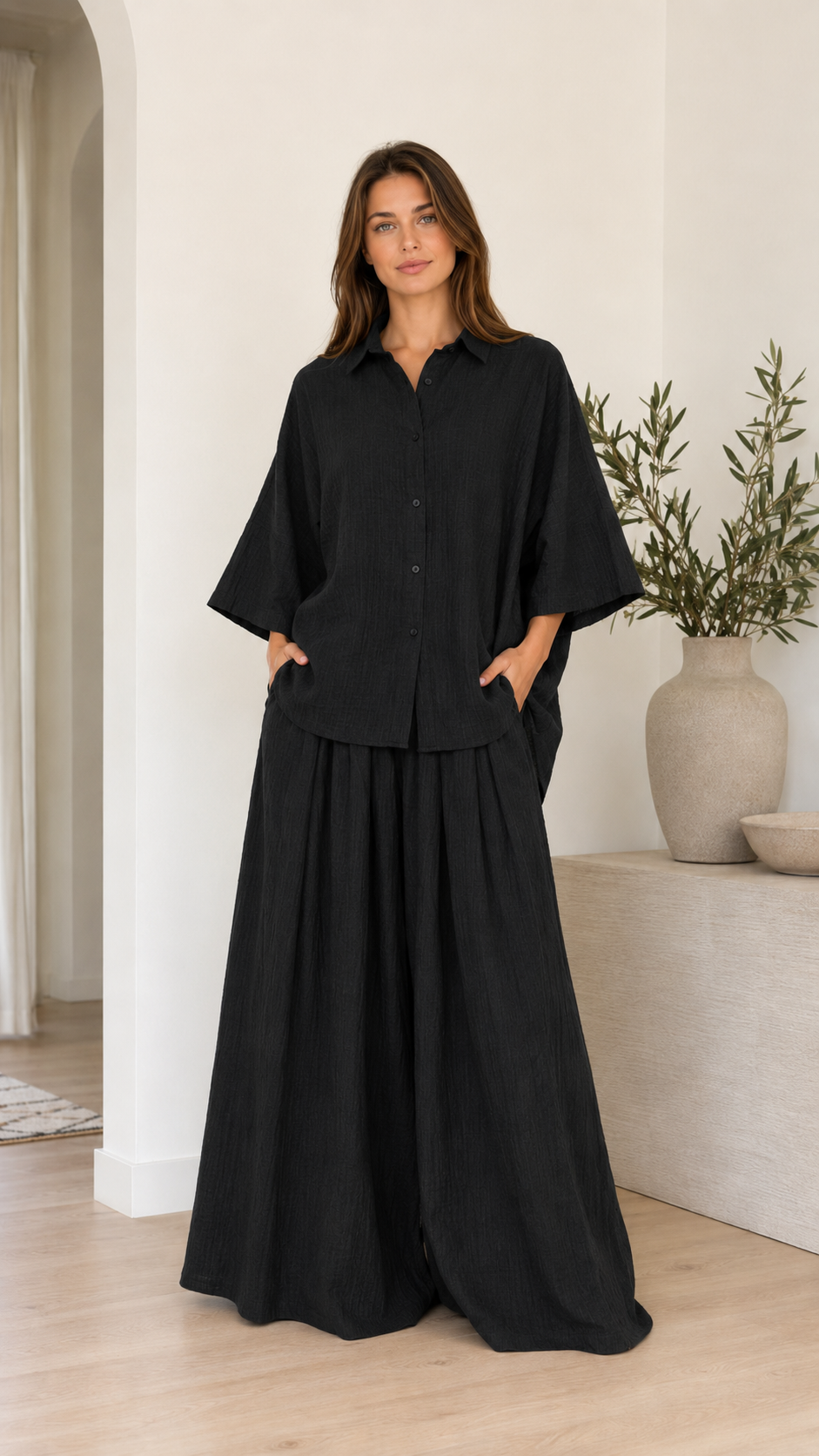 Textured Linen-Blend Oversized Shirt & Wide Leg Pants Set