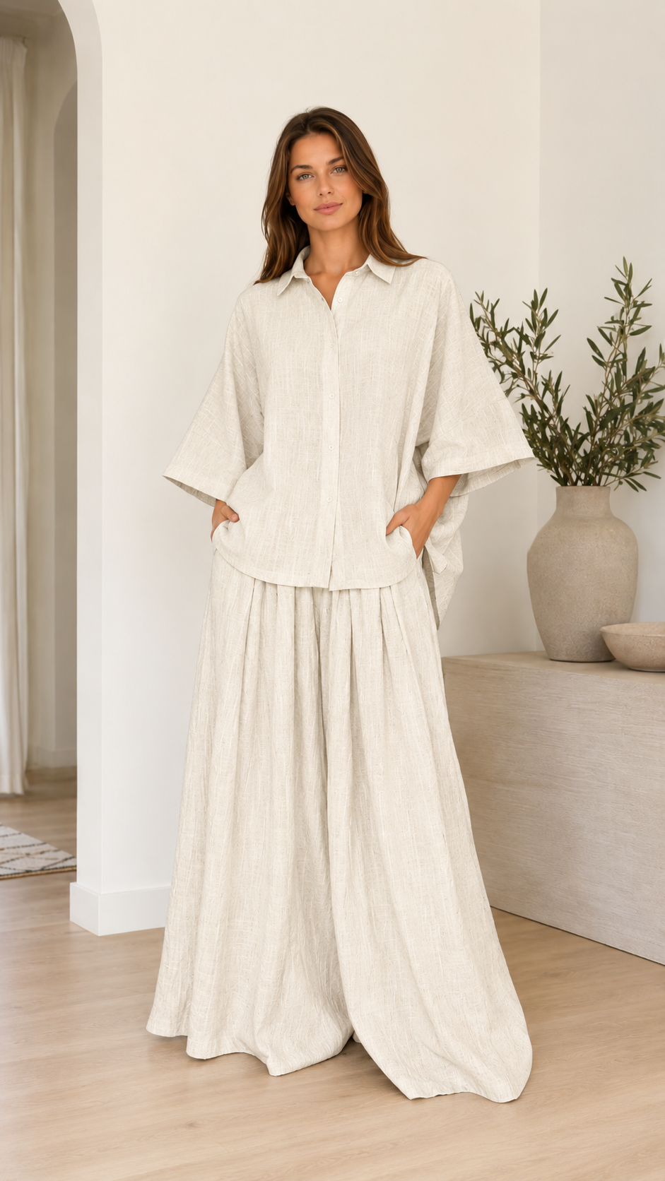 Textured Linen-Blend Oversized Shirt & Wide Leg Pants Set