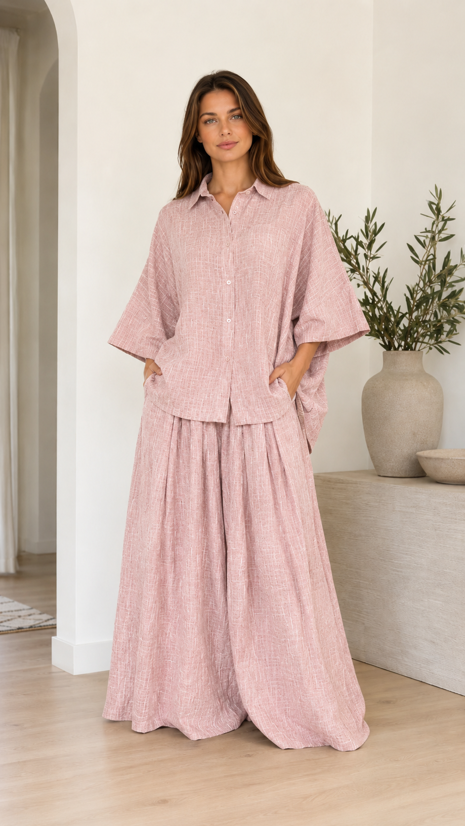 Textured Linen-Blend Oversized Shirt & Wide Leg Pants Set