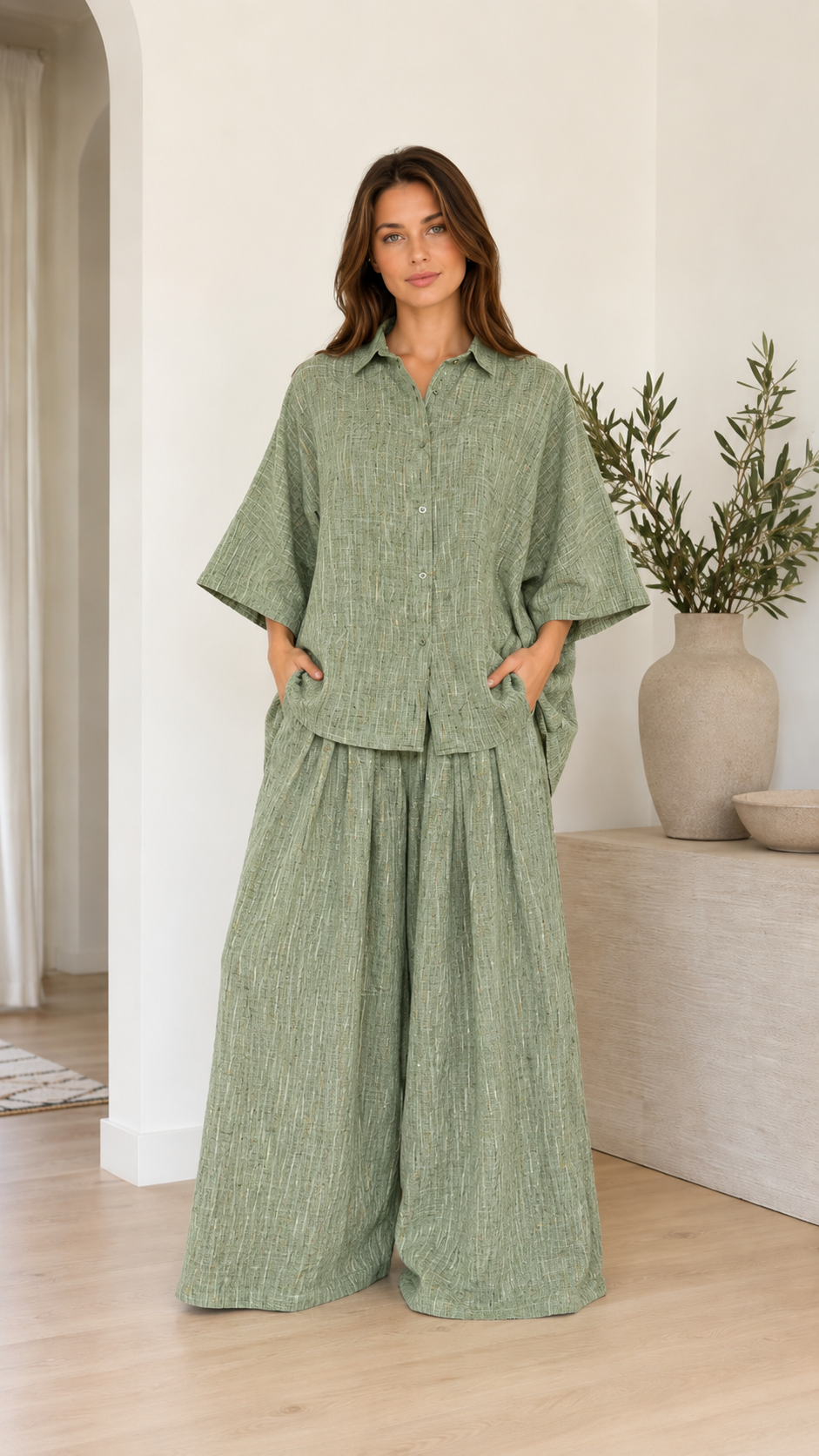 Textured Linen-Blend Oversized Shirt & Wide Leg Pants Set