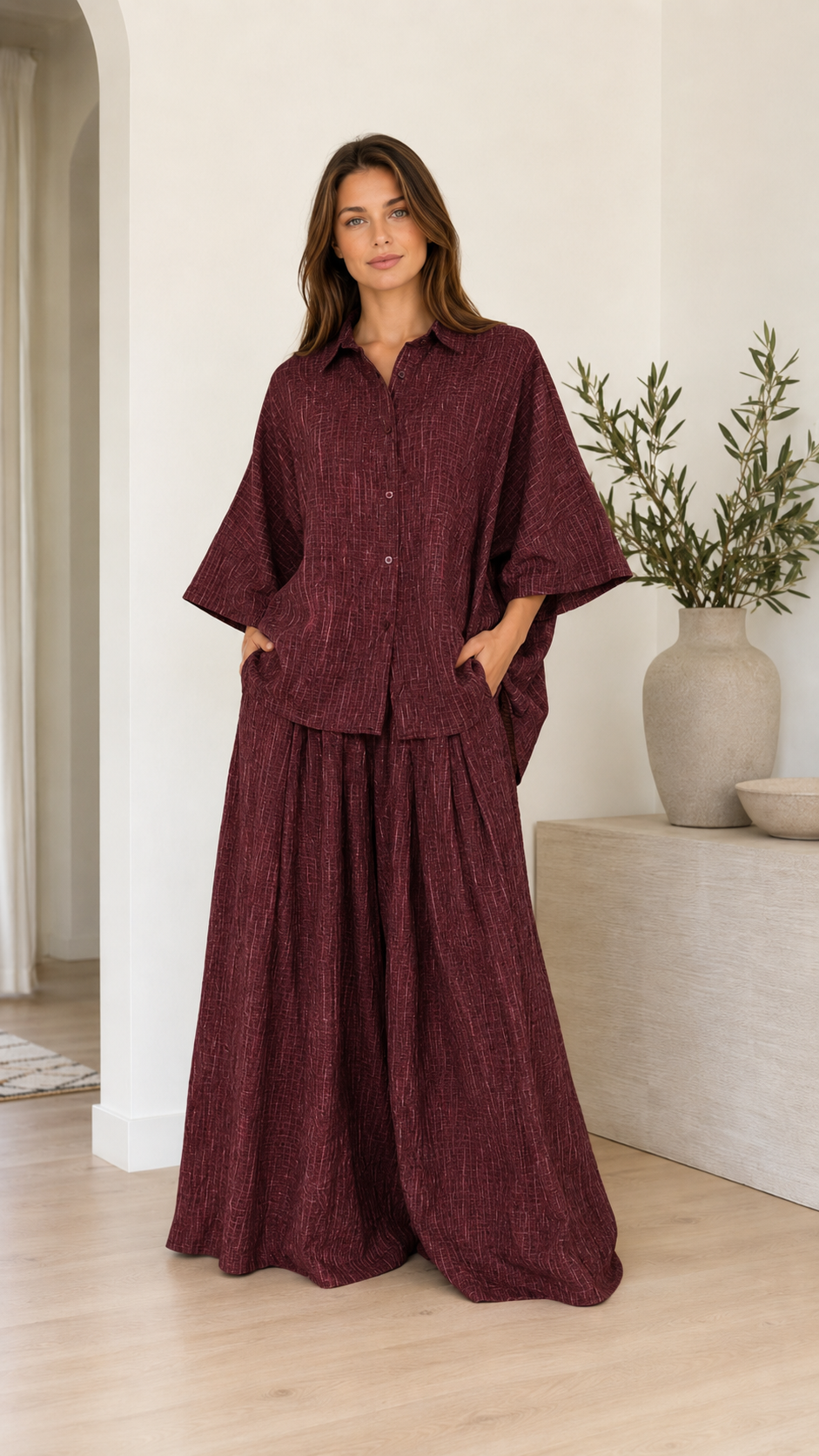 Textured Linen-Blend Oversized Shirt & Wide Leg Pants Set