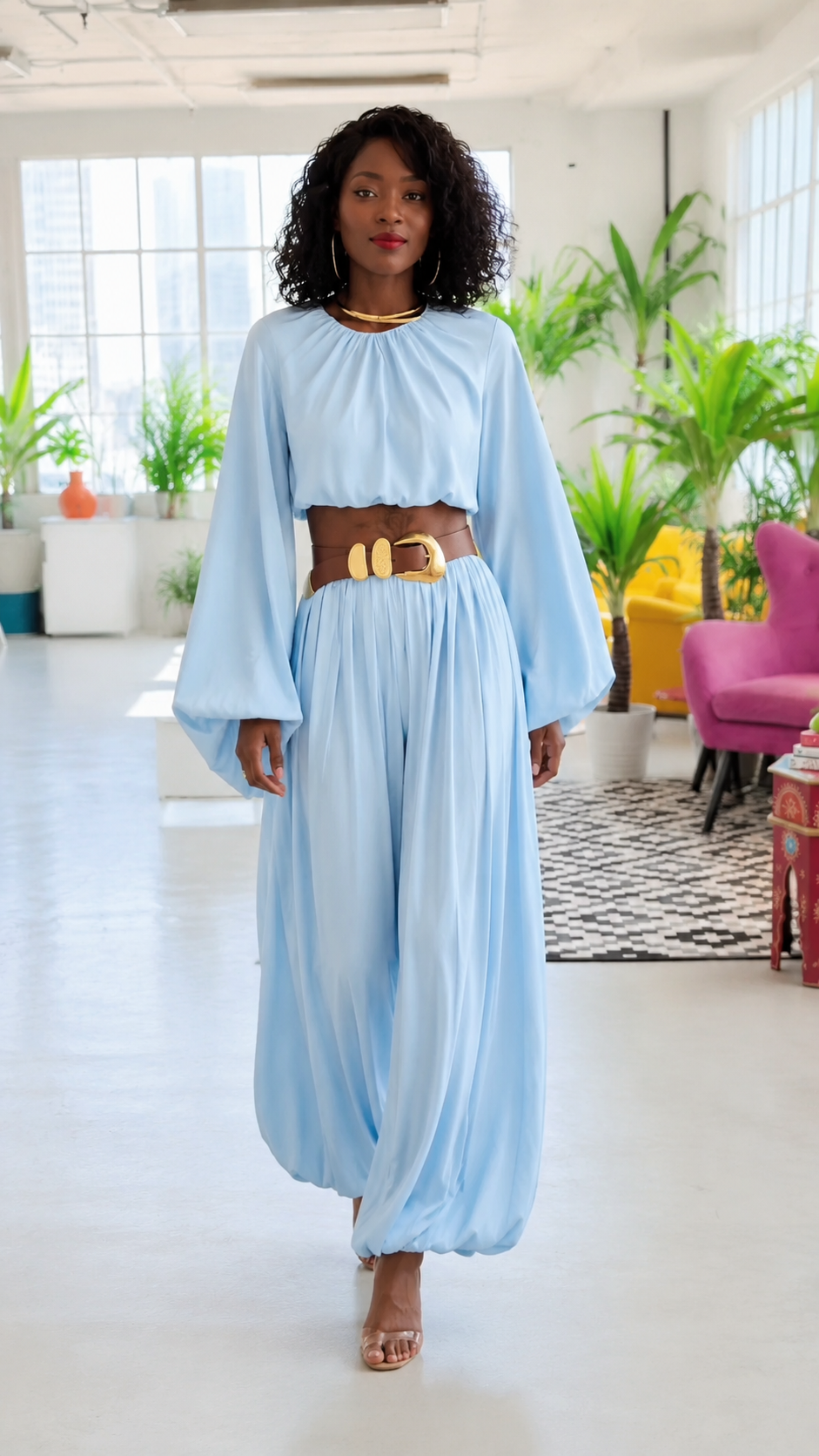 Sky Blue Chiffon Balloon Sleeve Belted Wide Leg Set