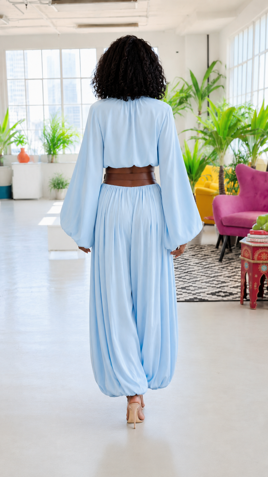Sky Blue Chiffon Balloon Sleeve Belted Wide Leg Set