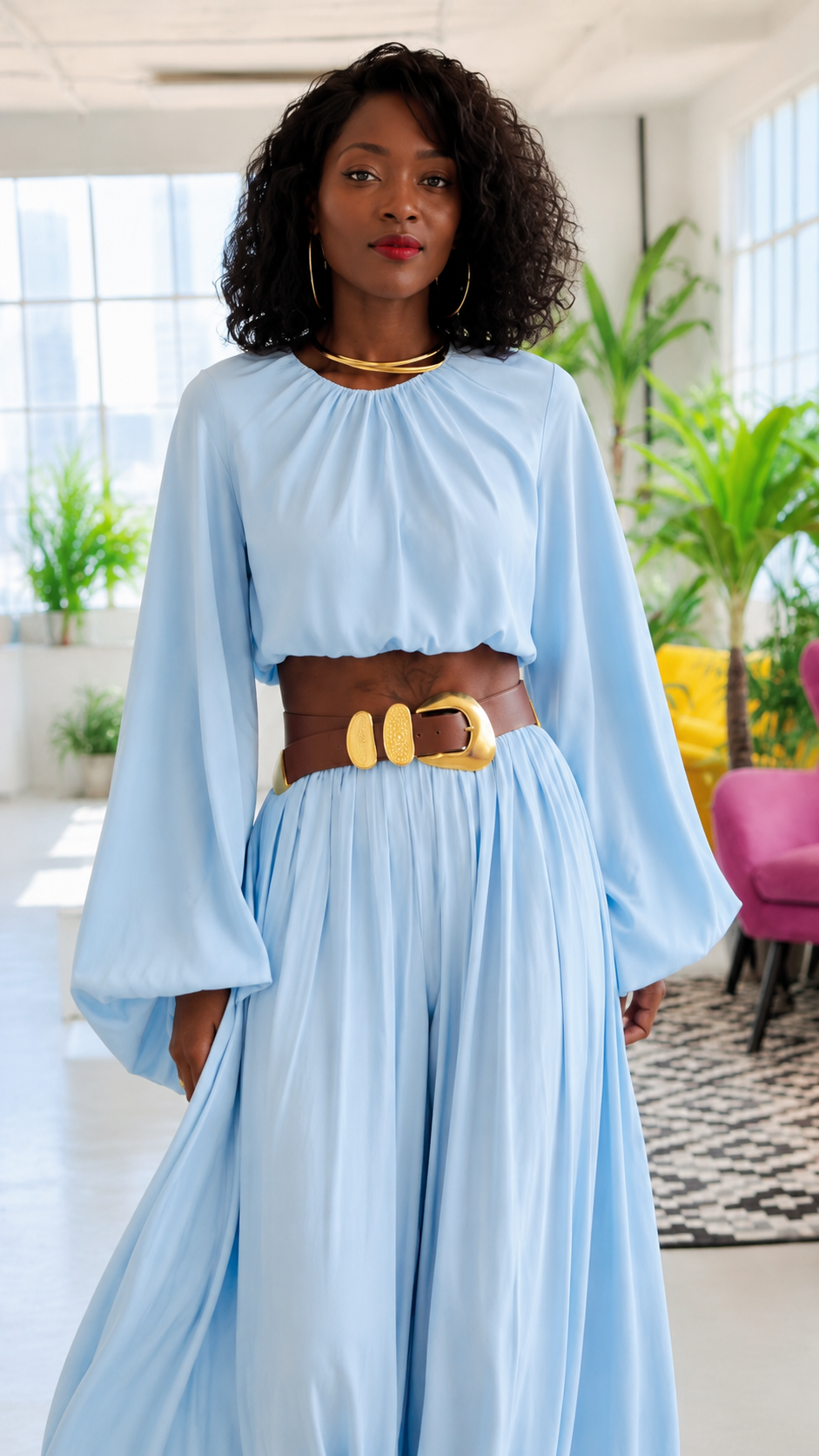 Sky Blue Chiffon Balloon Sleeve Belted Wide Leg Set