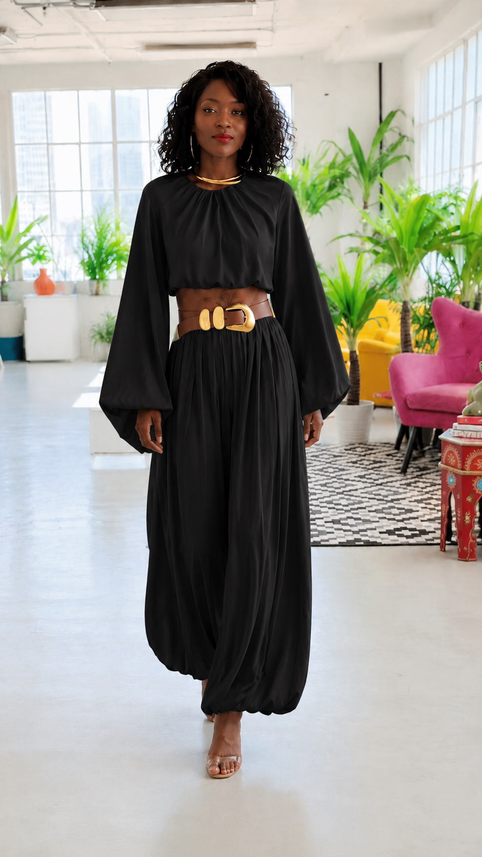 Sky Blue Chiffon Balloon Sleeve Belted Wide Leg Set