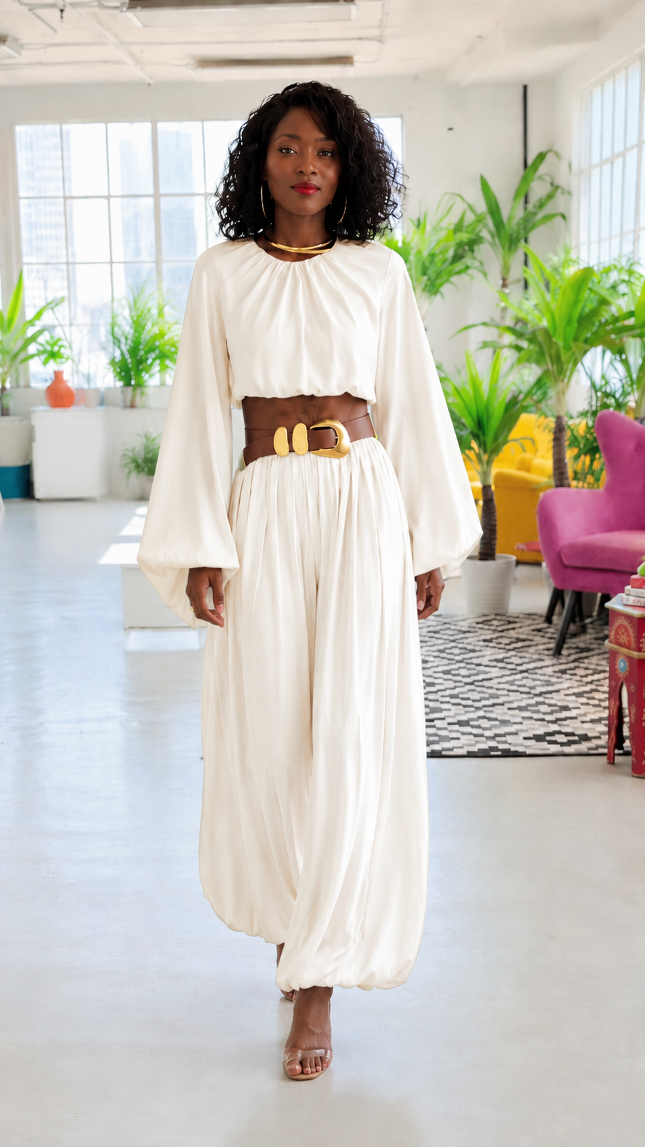 Sky Blue Chiffon Balloon Sleeve Belted Wide Leg Set