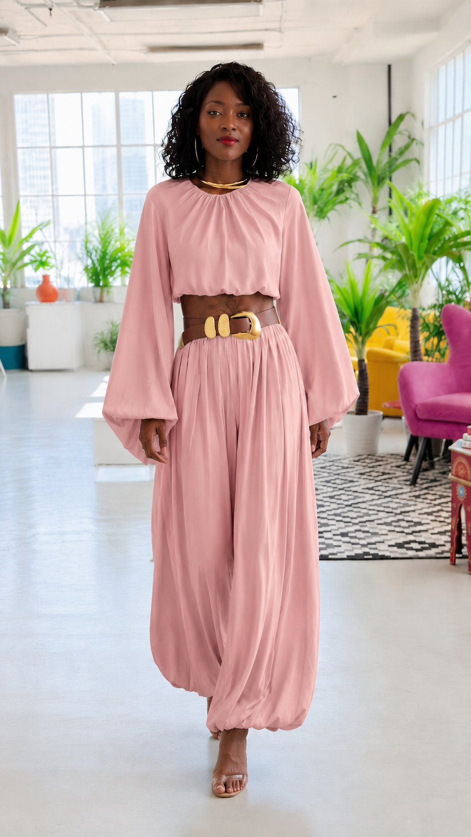 Sky Blue Chiffon Balloon Sleeve Belted Wide Leg Set