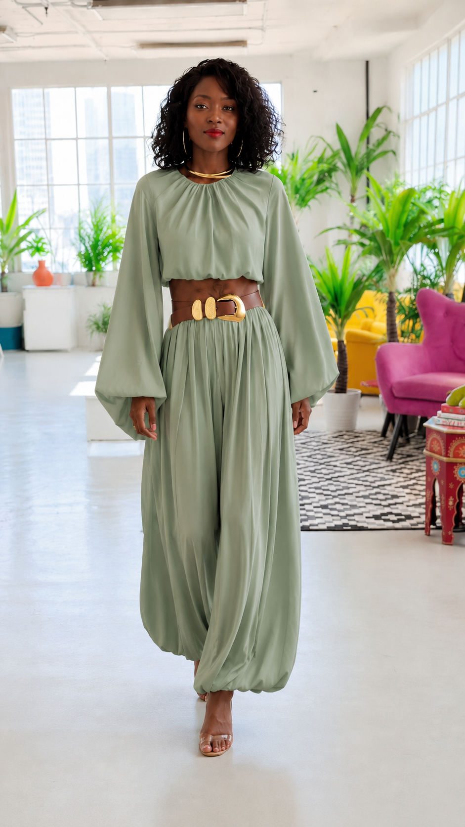 Sky Blue Chiffon Balloon Sleeve Belted Wide Leg Set