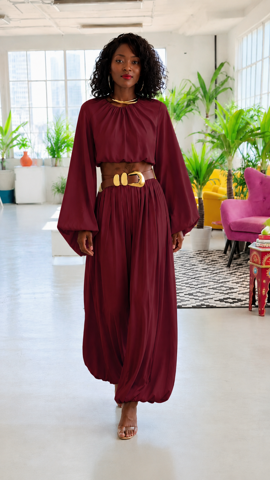 Sky Blue Chiffon Balloon Sleeve Belted Wide Leg Set