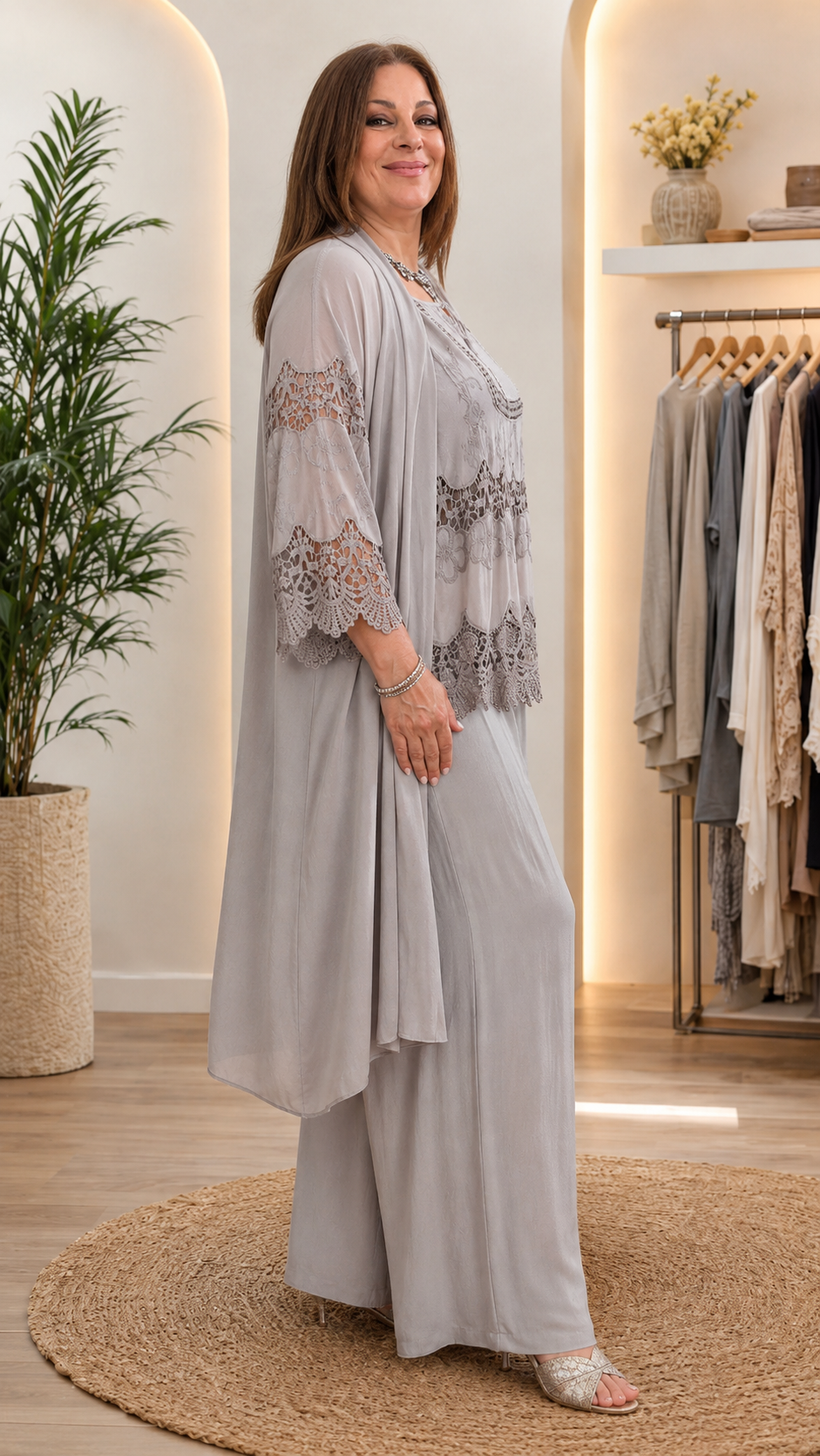 Gray Lace Top & Wide-Leg Pants Set with Duster