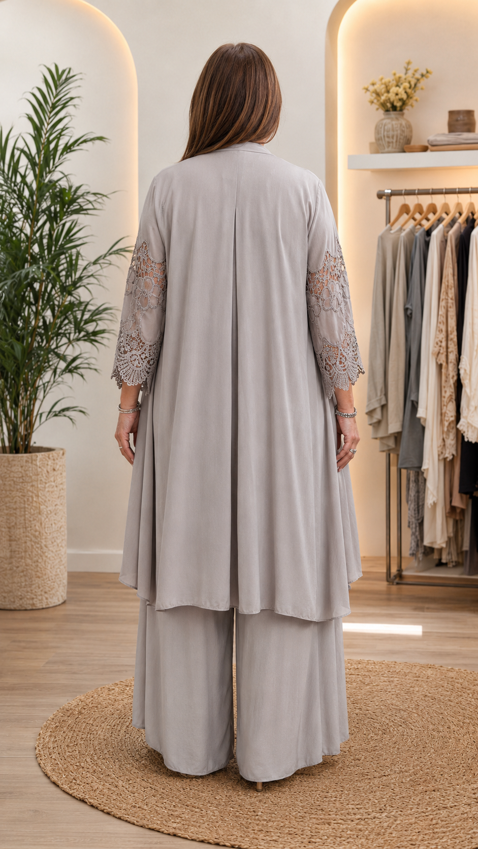 Gray Lace Top & Wide-Leg Pants Set with Duster
