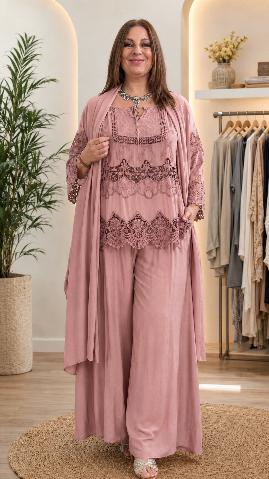 Gray Lace Top & Wide-Leg Pants Set with Duster