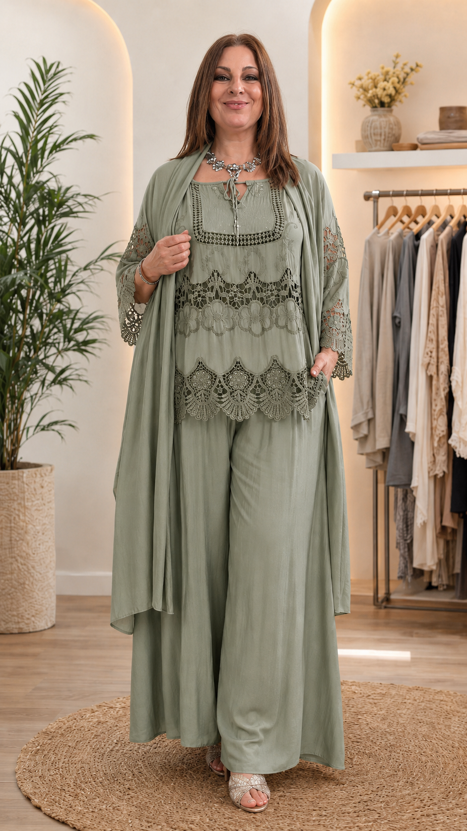 Gray Lace Top & Wide-Leg Pants Set with Duster