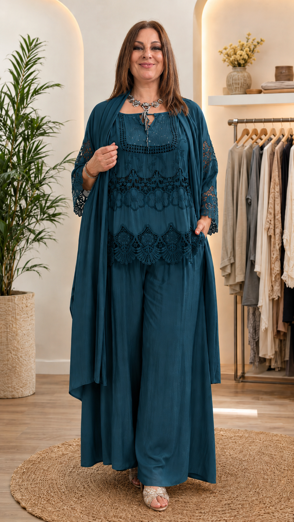 Gray Lace Top & Wide-Leg Pants Set with Duster