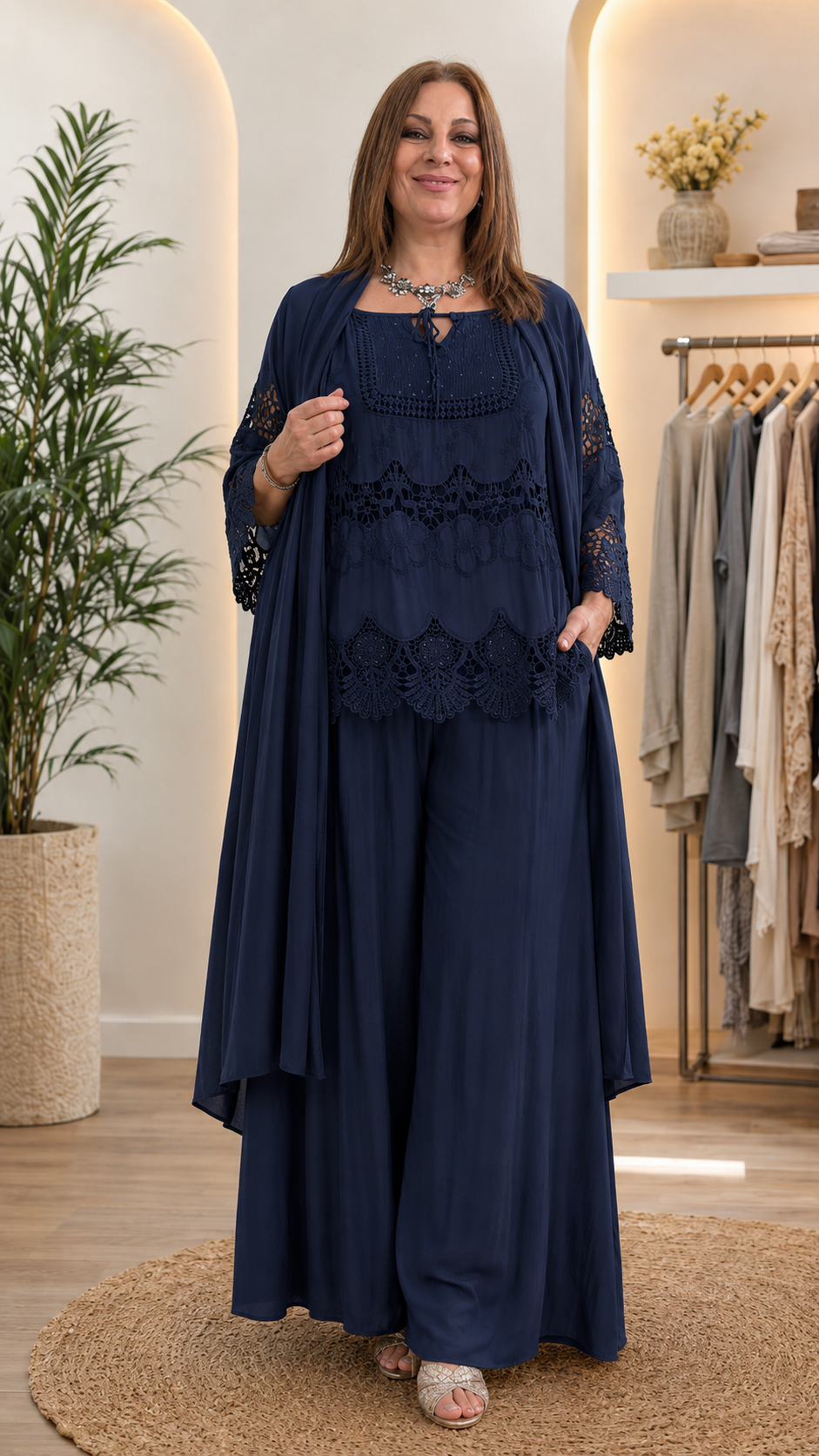 Gray Lace Top & Wide-Leg Pants Set with Duster