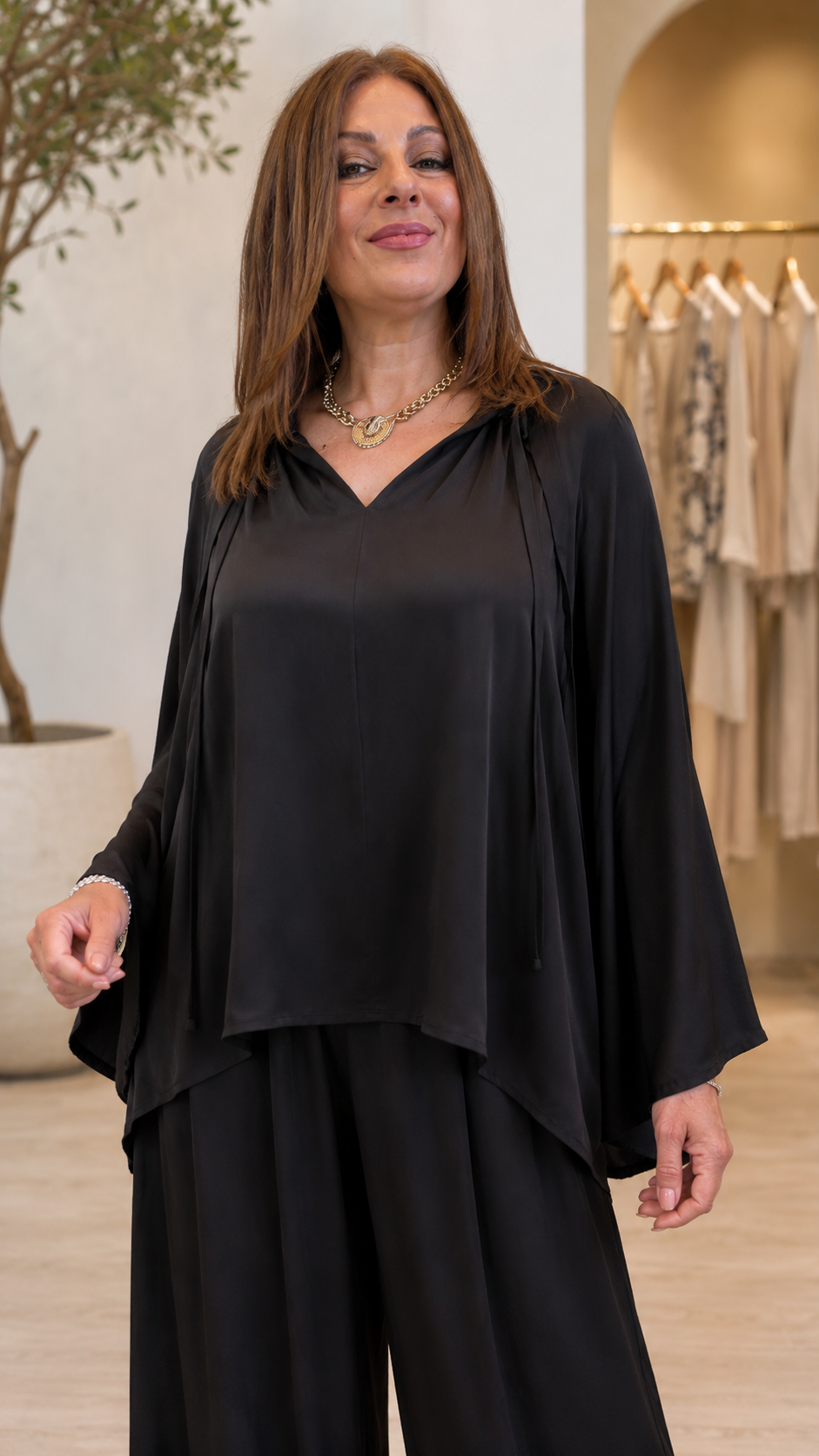 Elegant Satin Cape Sleeve Two-Piece Wide Leg Set
