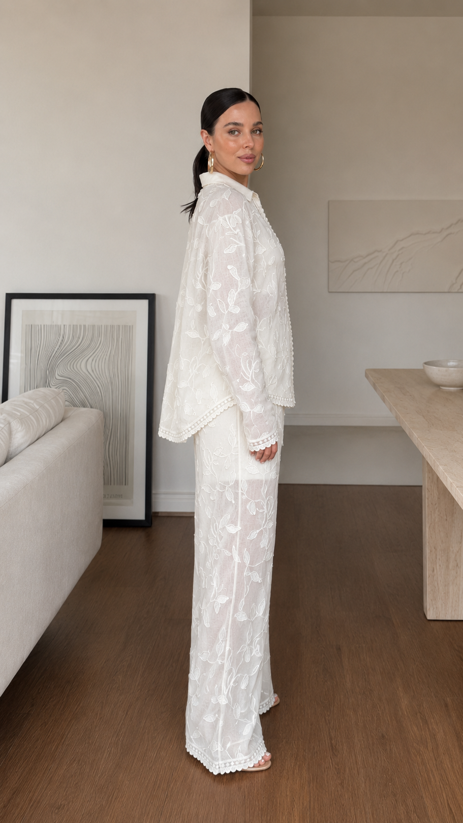 Elowen Embroidered Two-Piece Wide Leg Pants Set