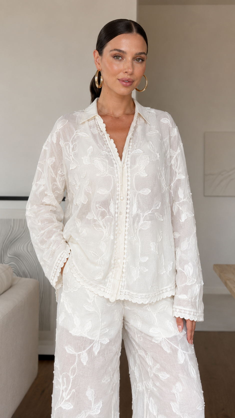 Elowen Embroidered Two-Piece Wide Leg Pants Set