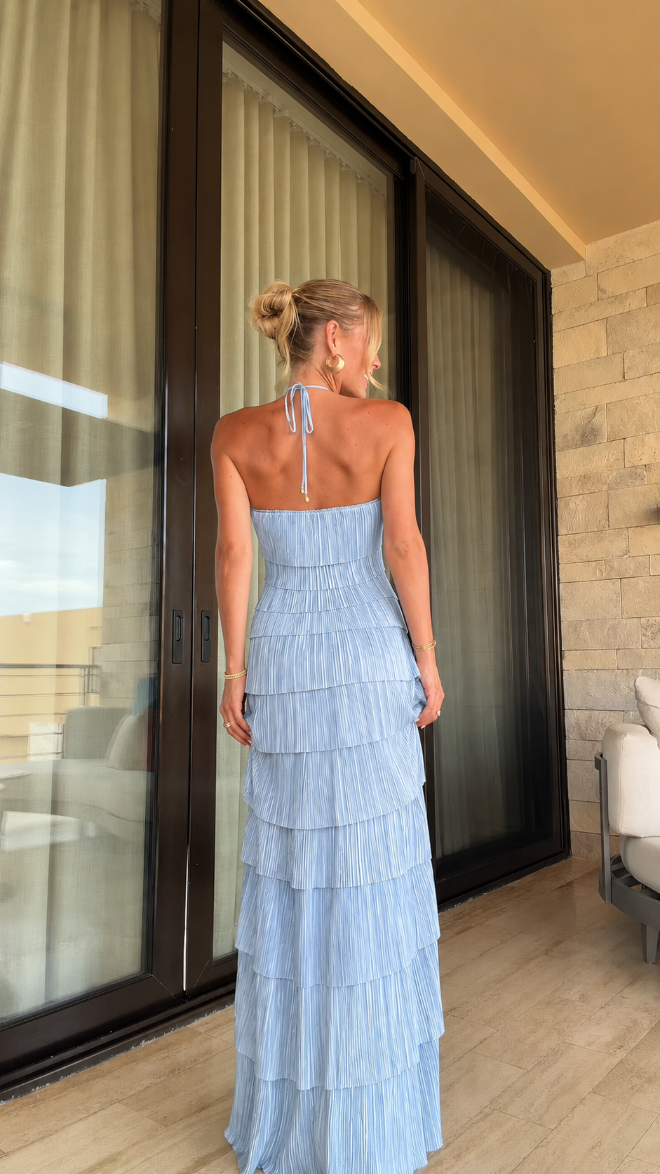 Pleated Halter Tiered Maxi Dress