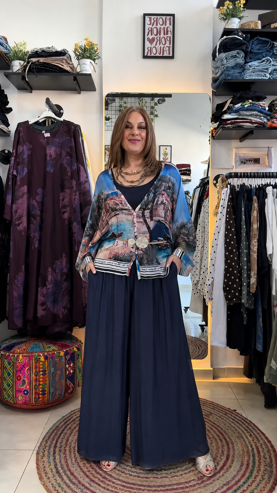 Scenic Print Kimono Top & Wide Leg Pants Set