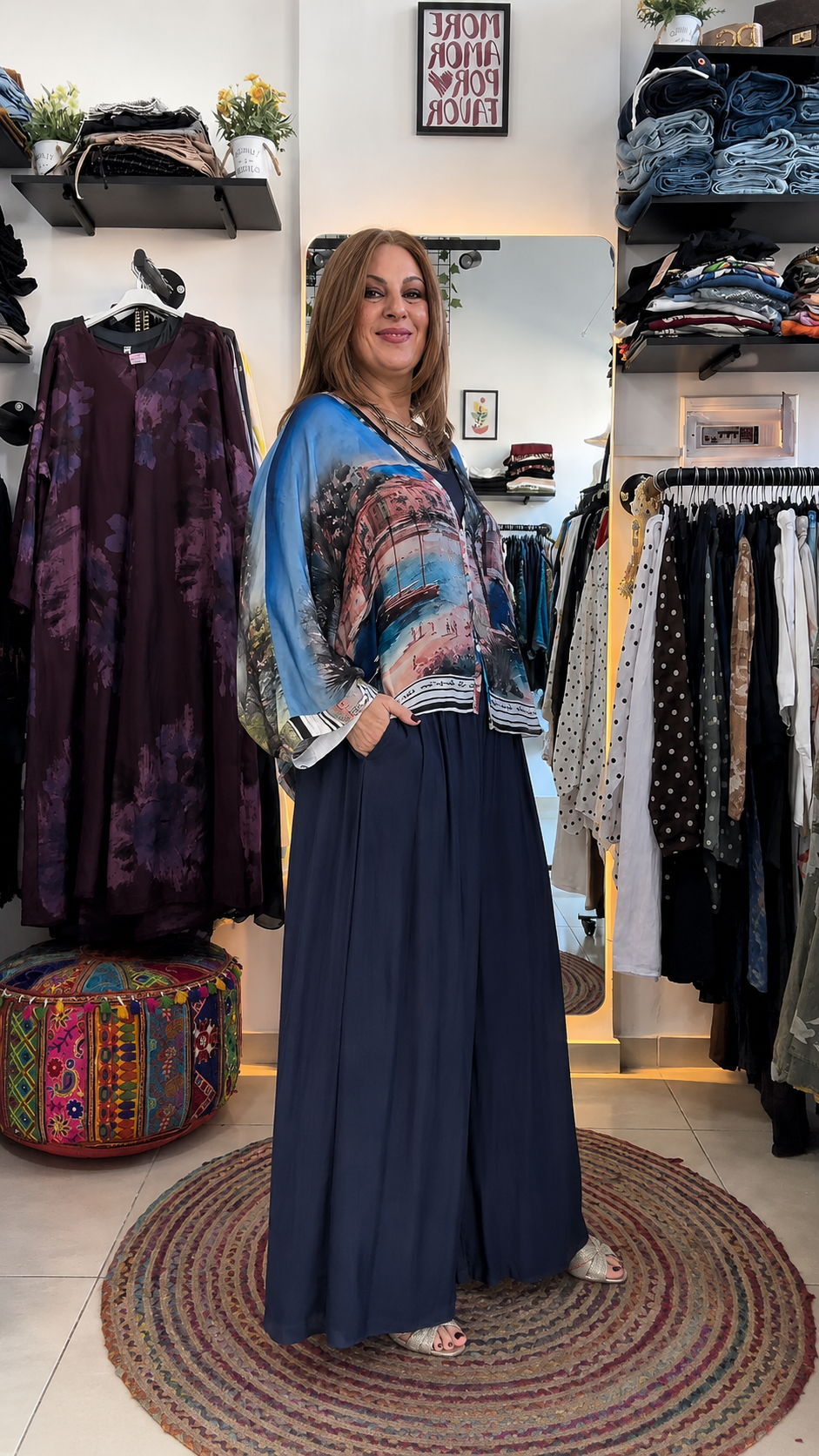 Scenic Print Kimono Top & Wide Leg Pants Set
