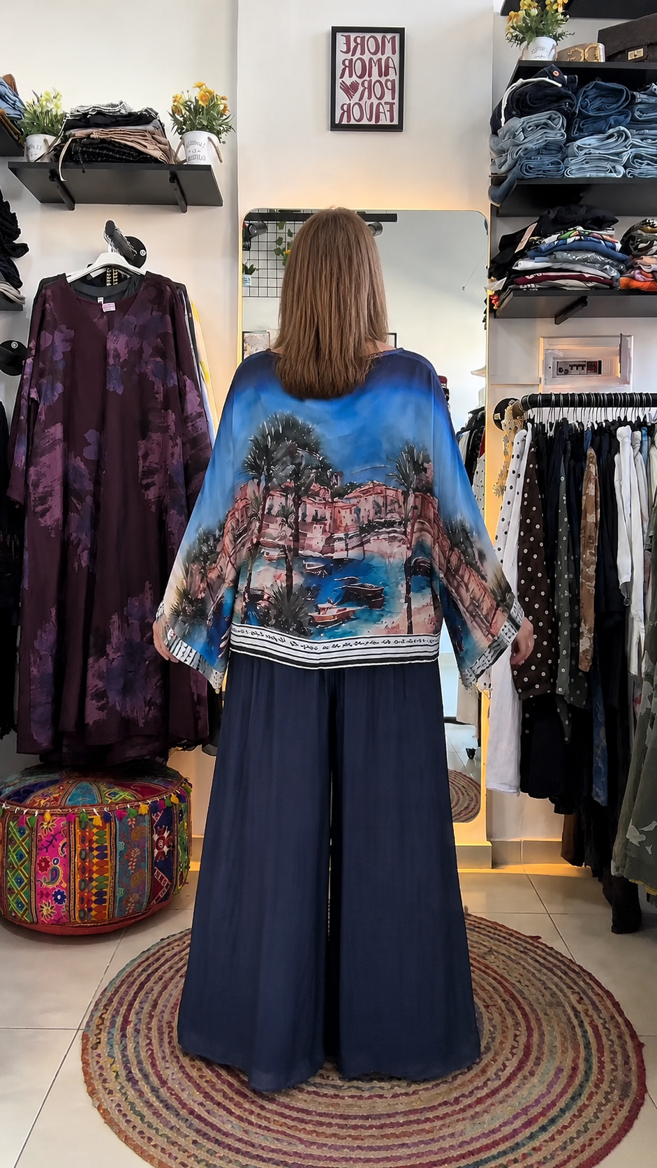 Scenic Print Kimono Top & Wide Leg Pants Set