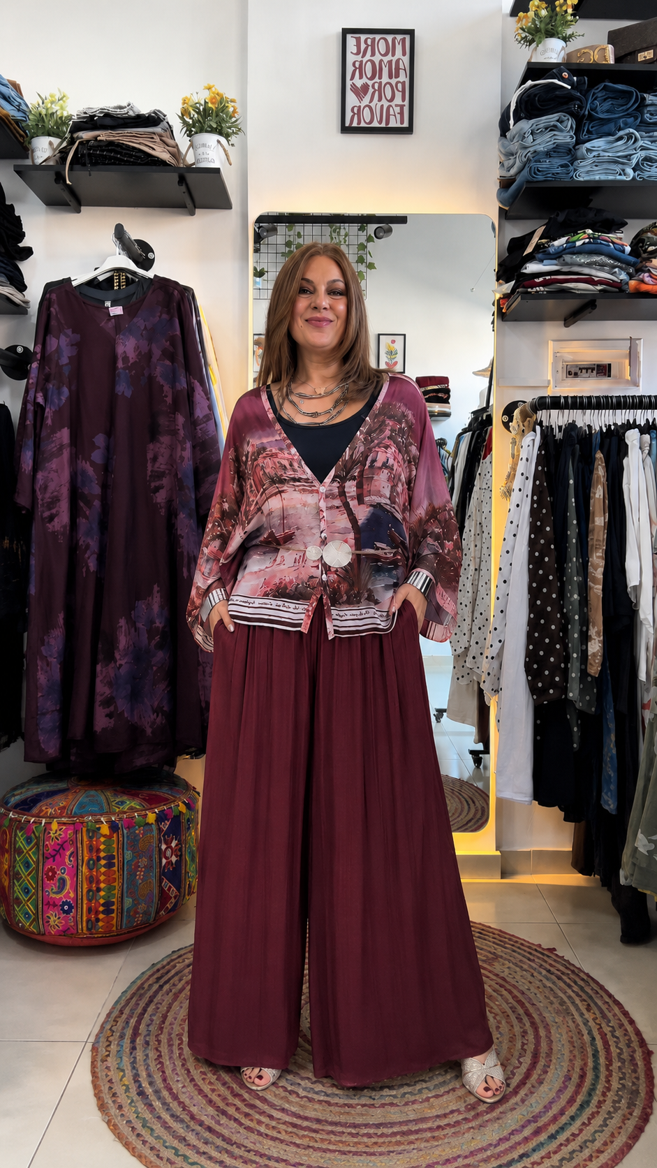 Scenic Print Kimono Top & Wide Leg Pants Set