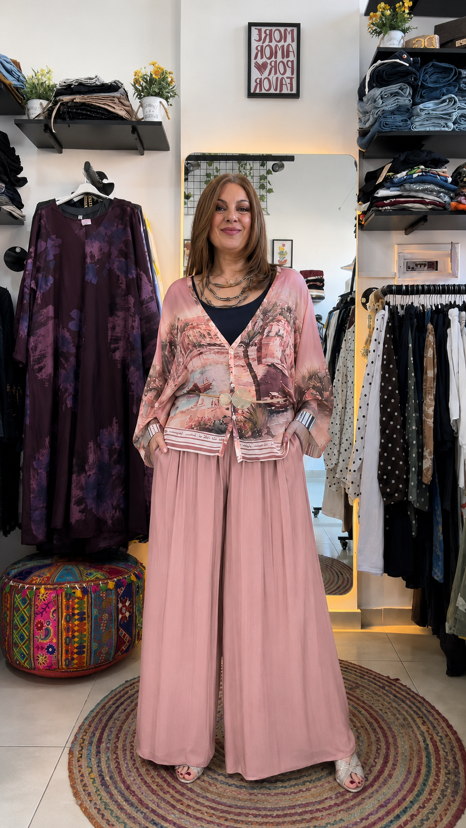 Scenic Print Kimono Top & Wide Leg Pants Set