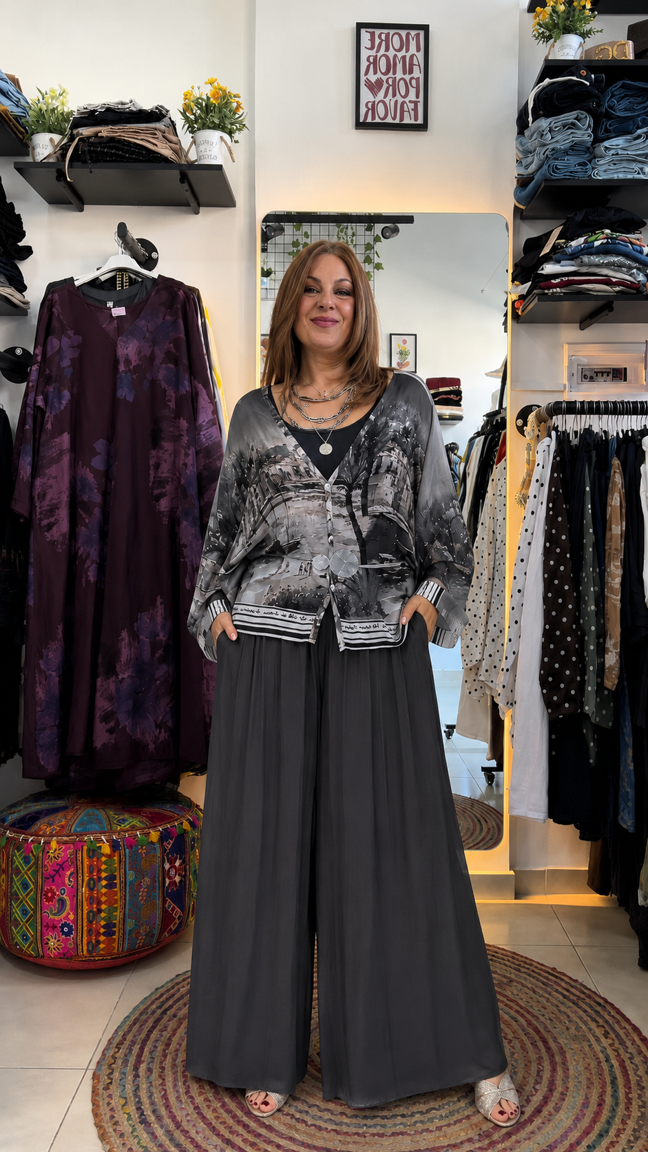 Scenic Print Kimono Top & Wide Leg Pants Set