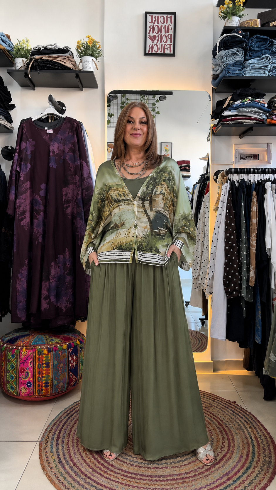 Scenic Print Kimono Top & Wide Leg Pants Set